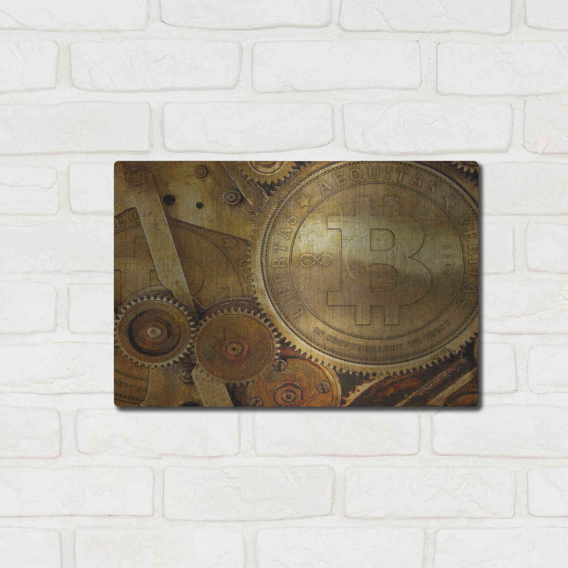 Luxe Metal Art 'Grunge Bitcoin One' by Steve Hunziker, Metal Wall Art,16x12