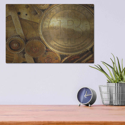 Luxe Metal Art 'Grunge Bitcoin One' by Steve Hunziker, Metal Wall Art,16x12