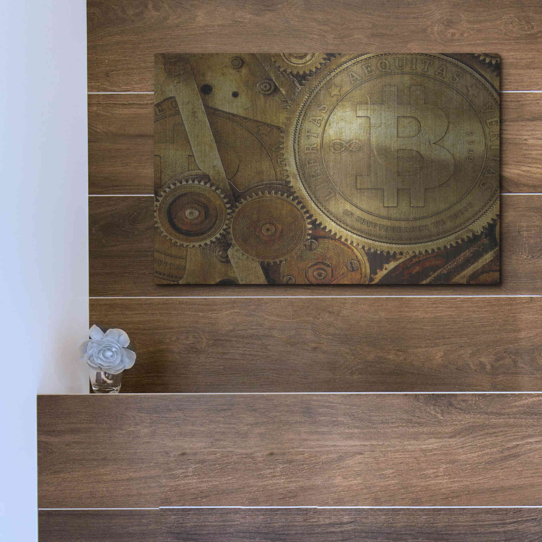 Luxe Metal Art 'Grunge Bitcoin One' by Steve Hunziker, Metal Wall Art,16x12