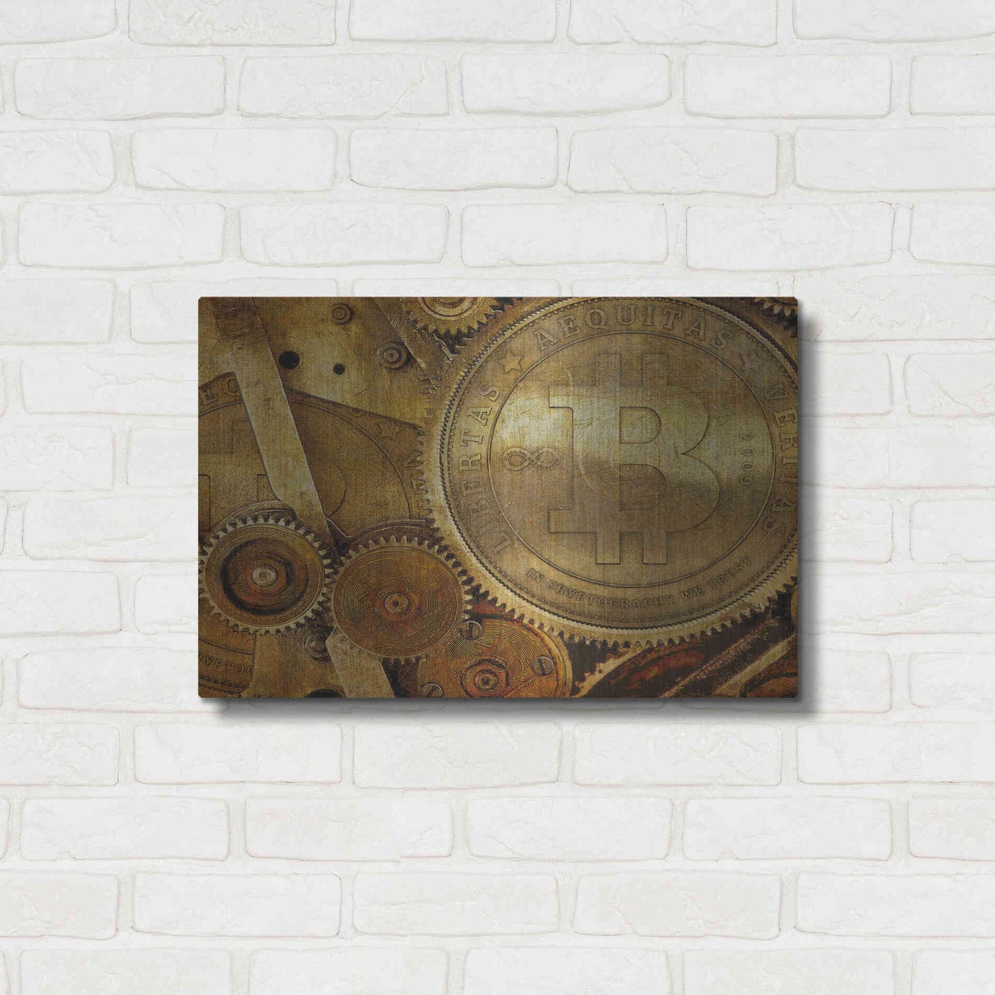 Luxe Metal Art 'Grunge Bitcoin One' by Steve Hunziker, Metal Wall Art,24x16