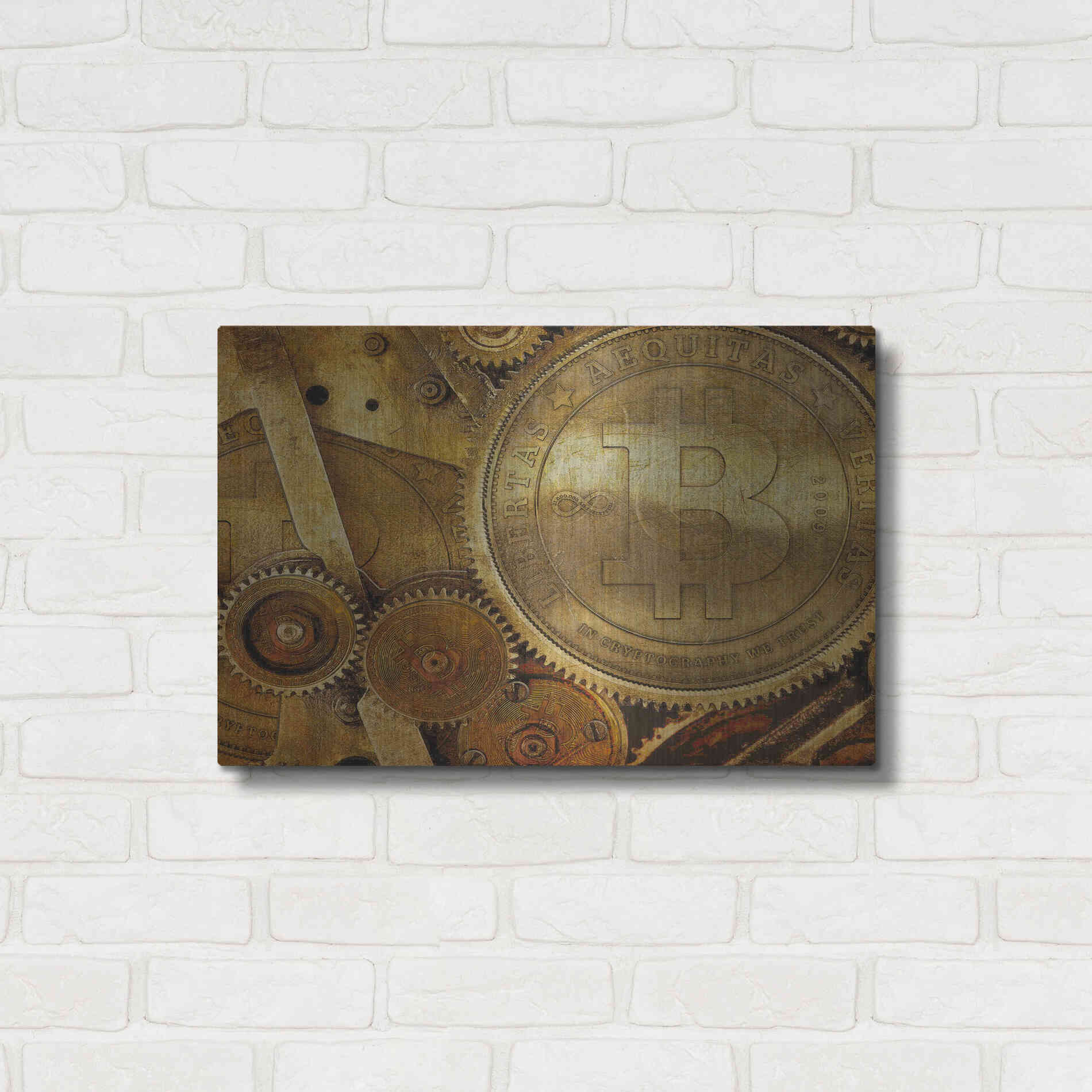 Luxe Metal Art 'Grunge Bitcoin One' by Steve Hunziker, Metal Wall Art,24x16