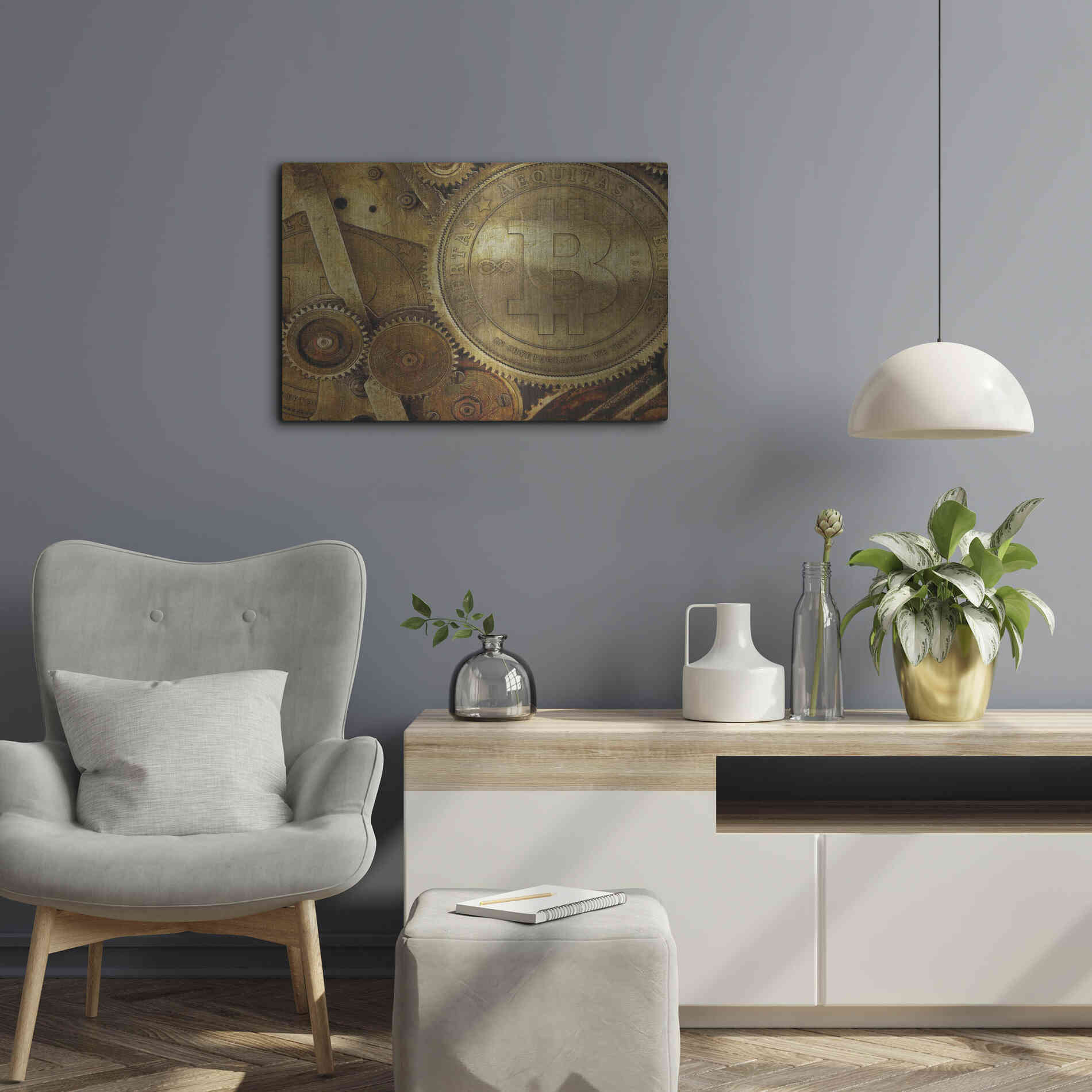 Luxe Metal Art 'Grunge Bitcoin One' by Steve Hunziker, Metal Wall Art,24x16