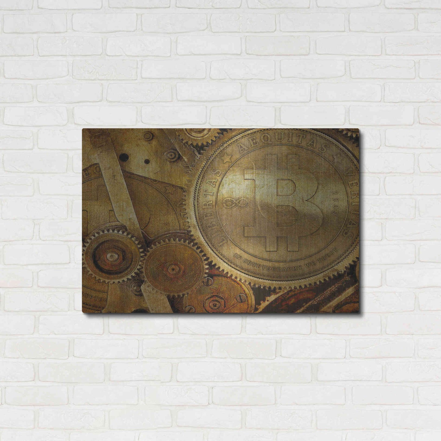 Luxe Metal Art 'Grunge Bitcoin One' by Steve Hunziker, Metal Wall Art,36x24