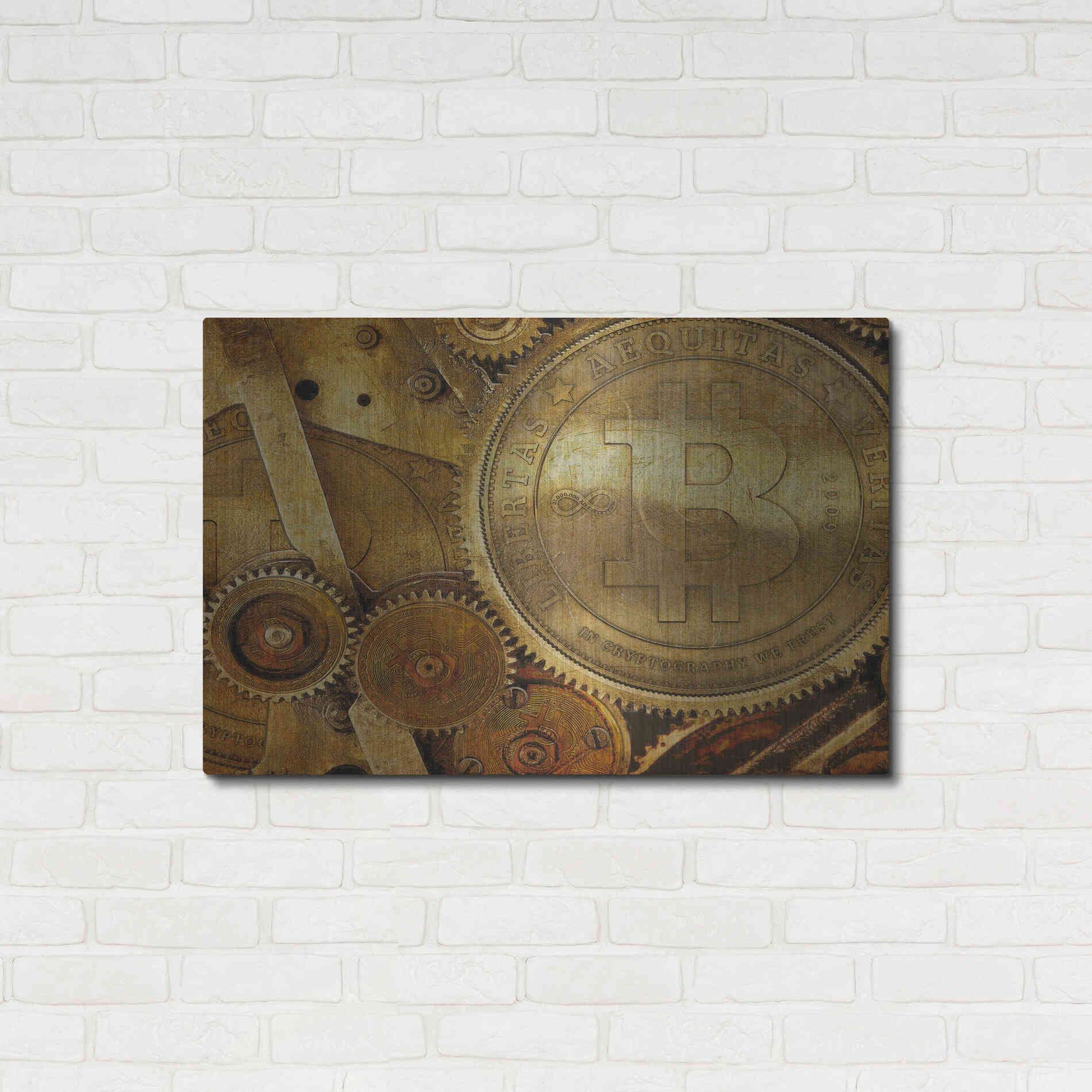 Luxe Metal Art 'Grunge Bitcoin One' by Steve Hunziker, Metal Wall Art,36x24