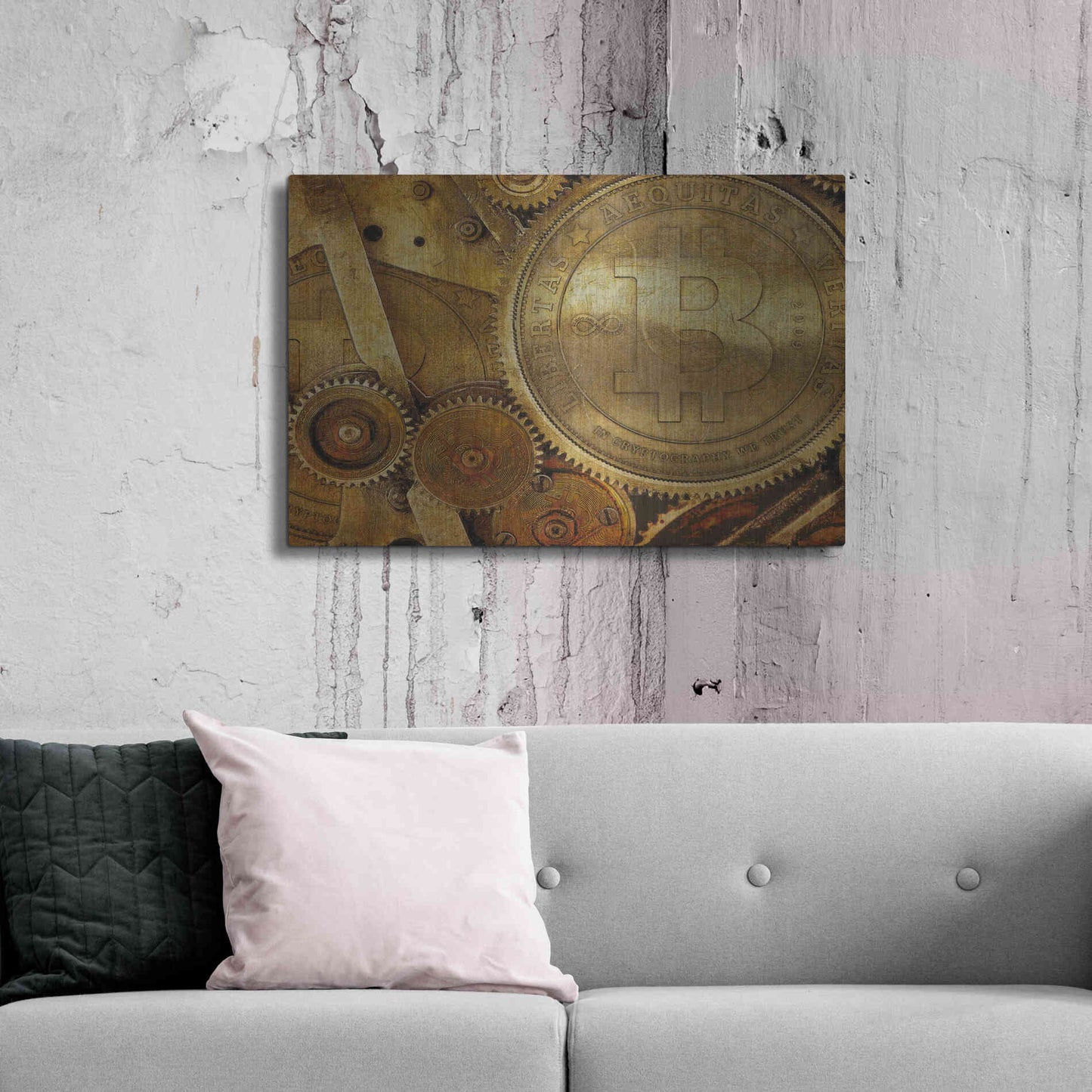 Luxe Metal Art 'Grunge Bitcoin One' by Steve Hunziker, Metal Wall Art,36x24