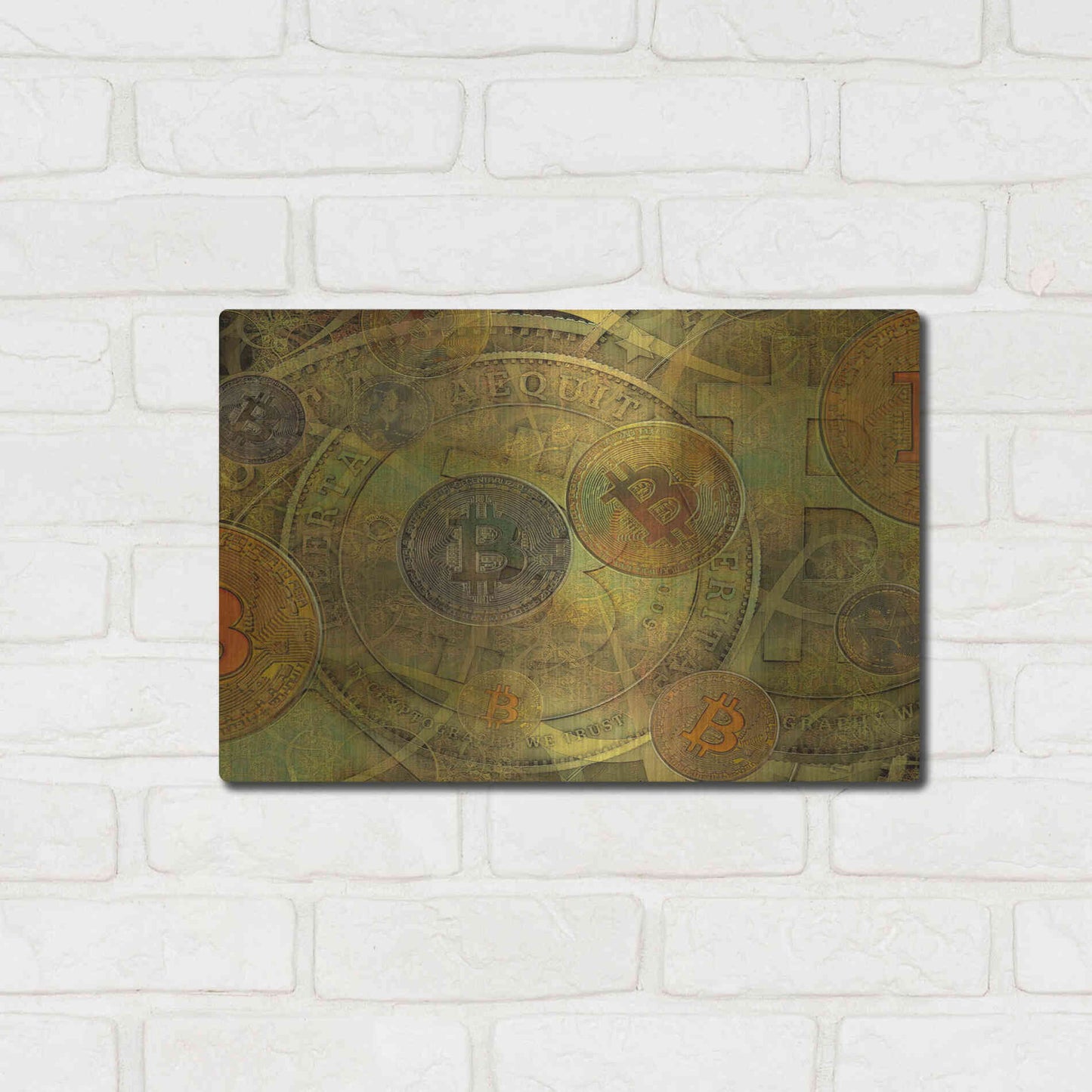 Luxe Metal Art 'Grunge Bitcoin Two' by Steve Hunziker, Metal Wall Art,16x12