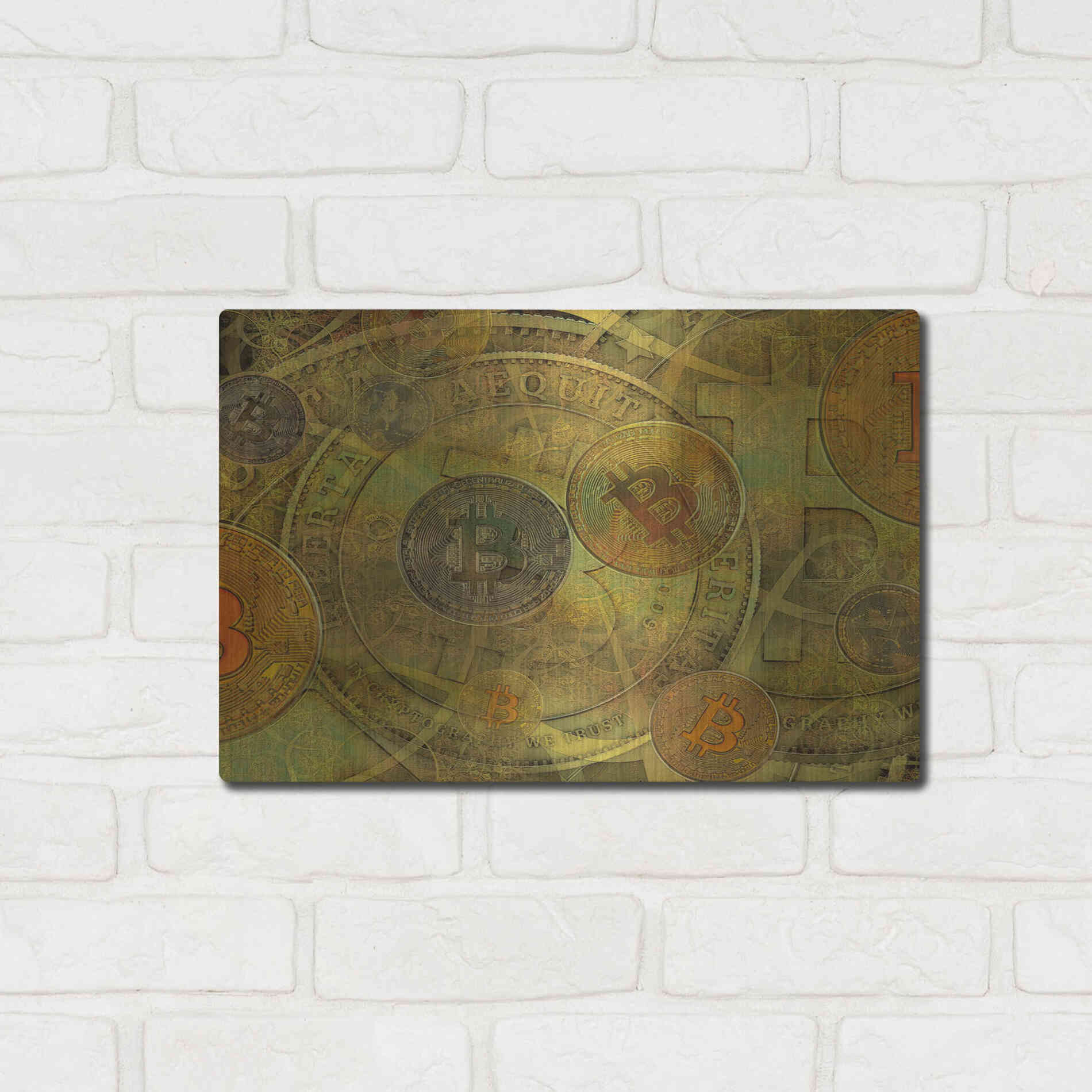 Luxe Metal Art 'Grunge Bitcoin Two' by Steve Hunziker, Metal Wall Art,16x12