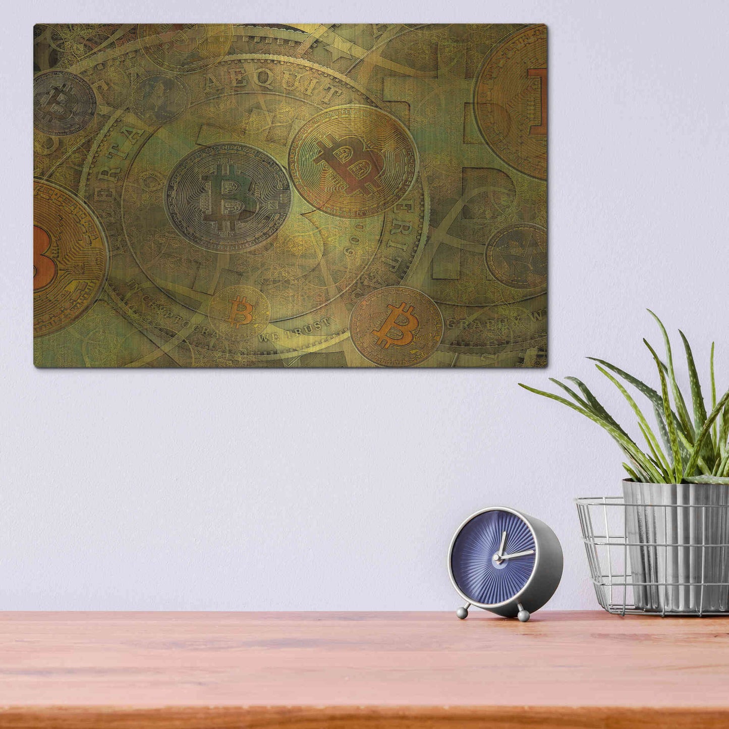 Luxe Metal Art 'Grunge Bitcoin Two' by Steve Hunziker, Metal Wall Art,16x12