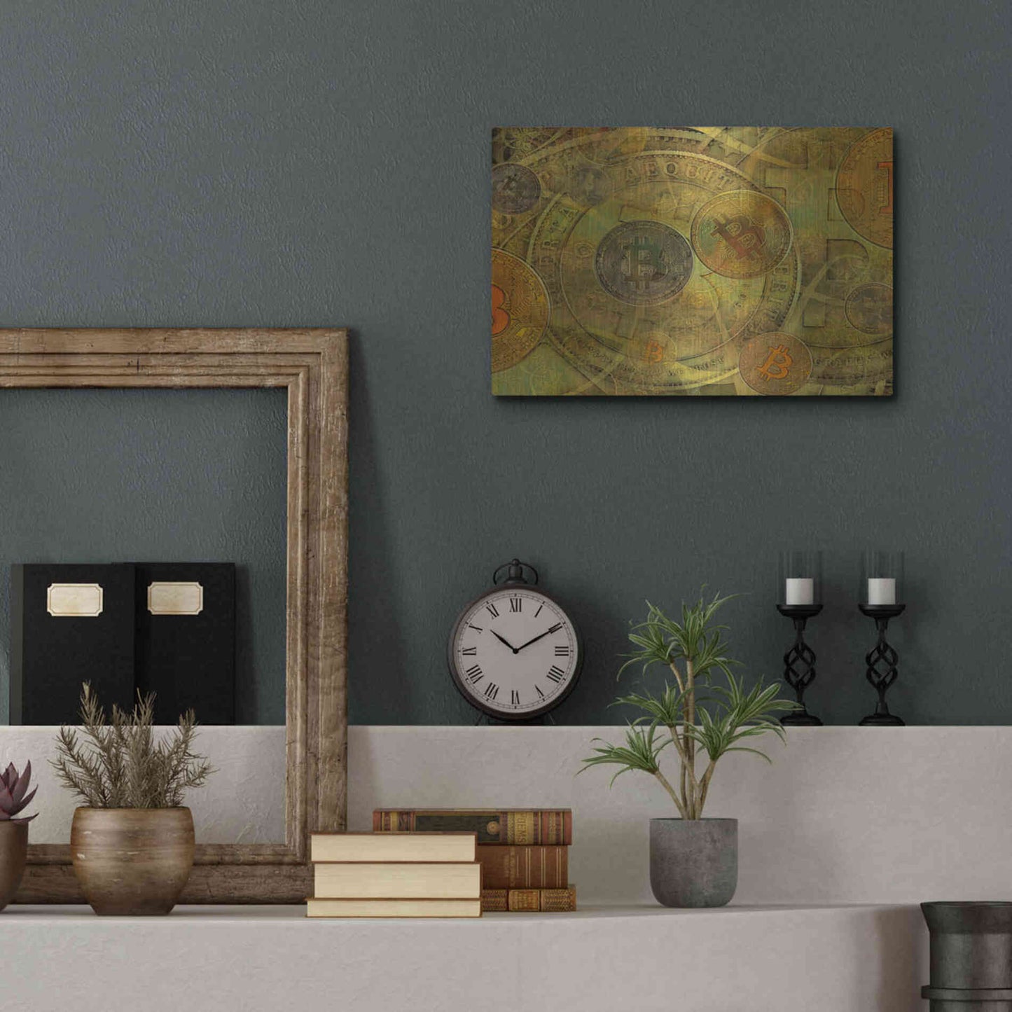Luxe Metal Art 'Grunge Bitcoin Two' by Steve Hunziker, Metal Wall Art,16x12