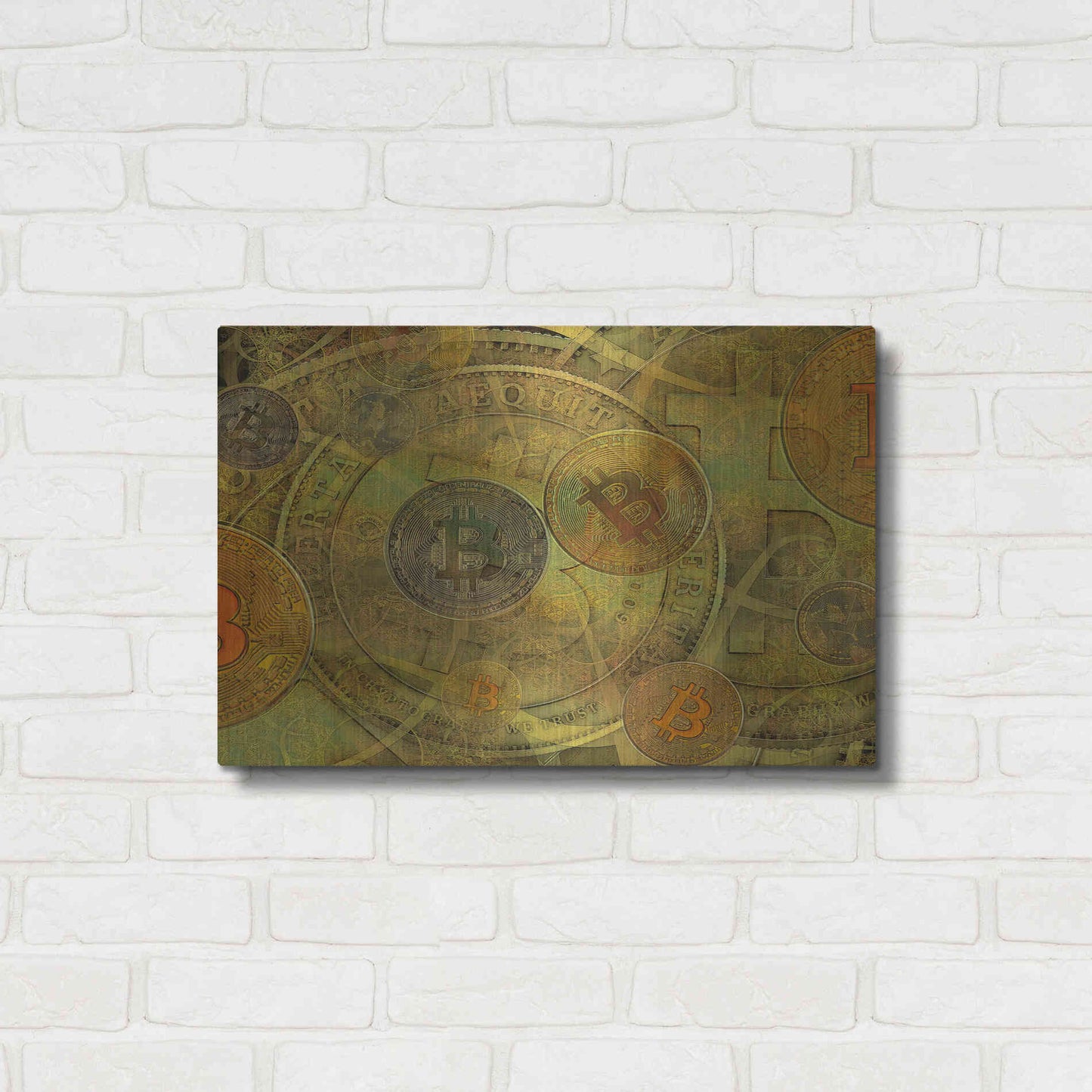 Luxe Metal Art 'Grunge Bitcoin Two' by Steve Hunziker, Metal Wall Art,24x16