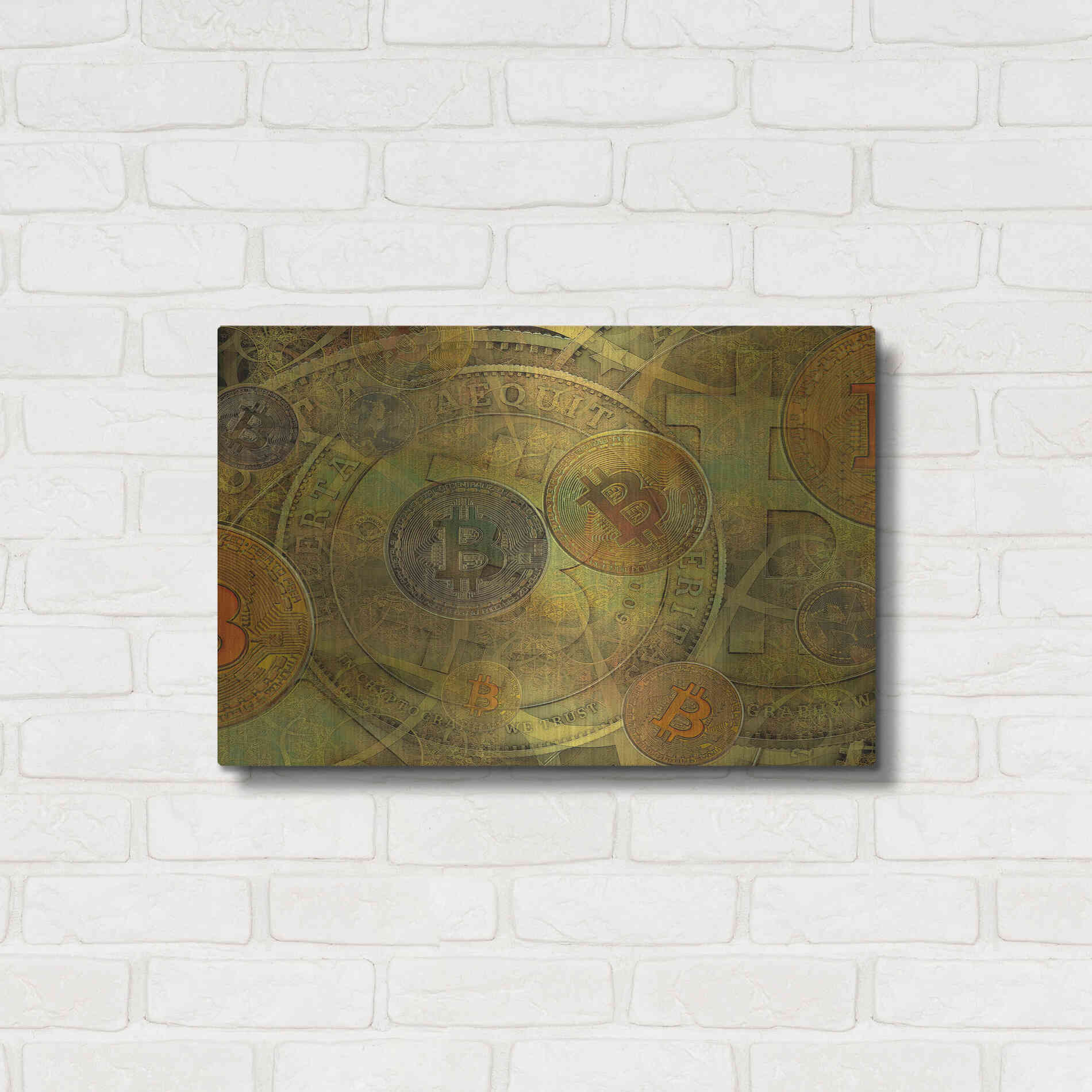 Luxe Metal Art 'Grunge Bitcoin Two' by Steve Hunziker, Metal Wall Art,24x16