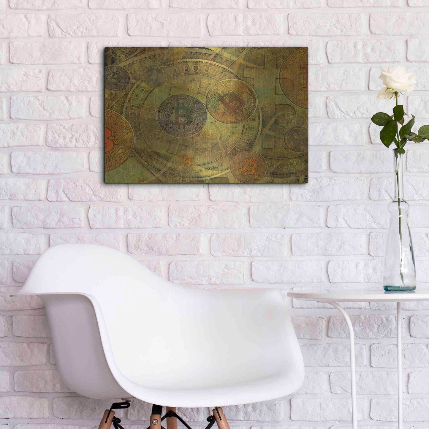 Luxe Metal Art 'Grunge Bitcoin Two' by Steve Hunziker, Metal Wall Art,24x16