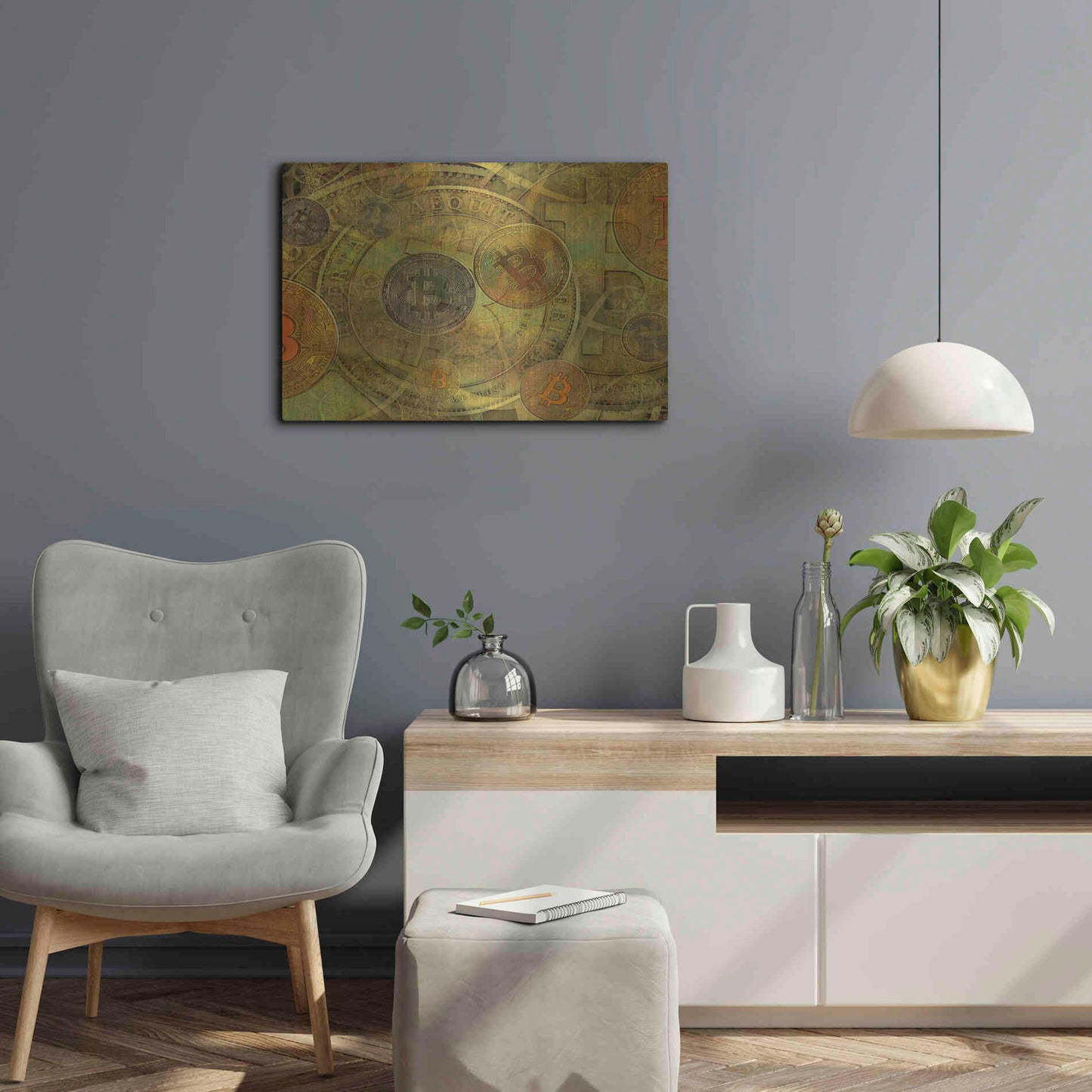 Luxe Metal Art 'Grunge Bitcoin Two' by Steve Hunziker, Metal Wall Art,24x16