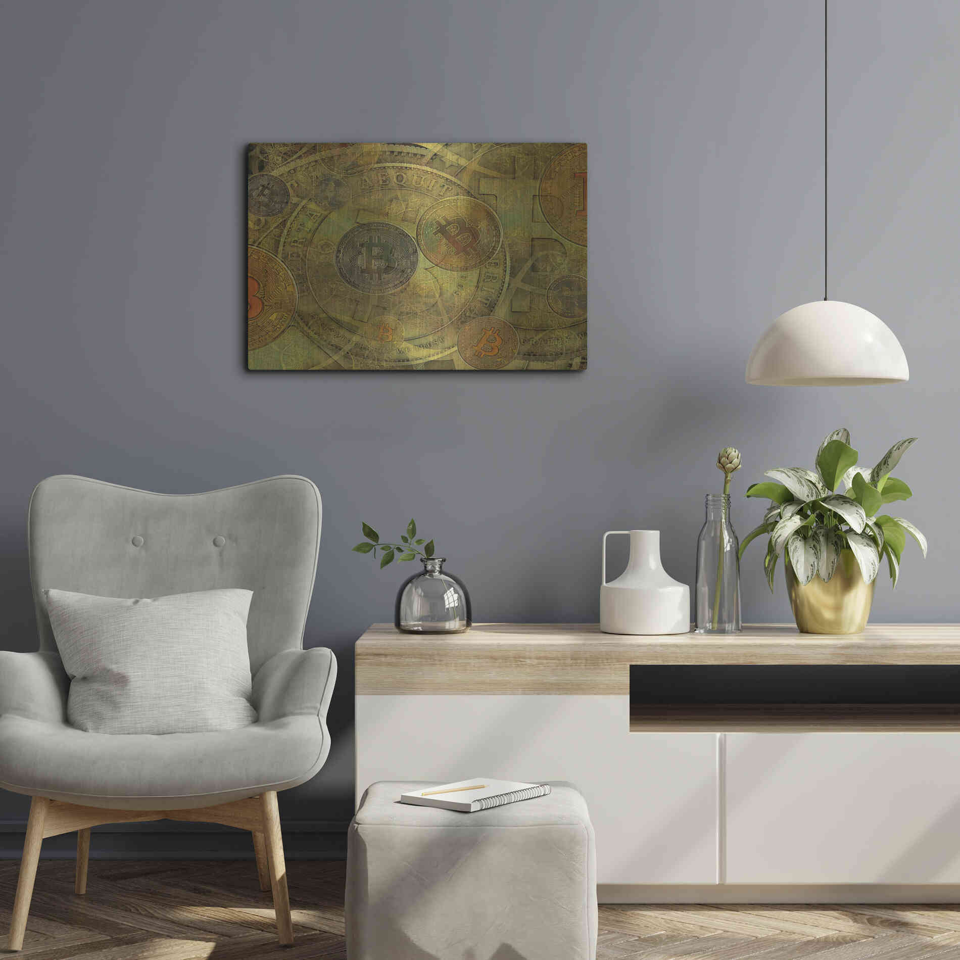 Luxe Metal Art 'Grunge Bitcoin Two' by Steve Hunziker, Metal Wall Art,24x16