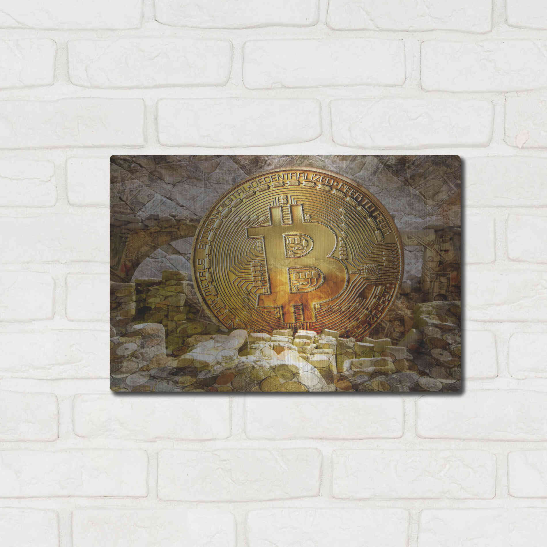 Luxe Metal Art 'Bitcoin New Age Four' by Steve Hunziker, Metal Wall Art,16x12