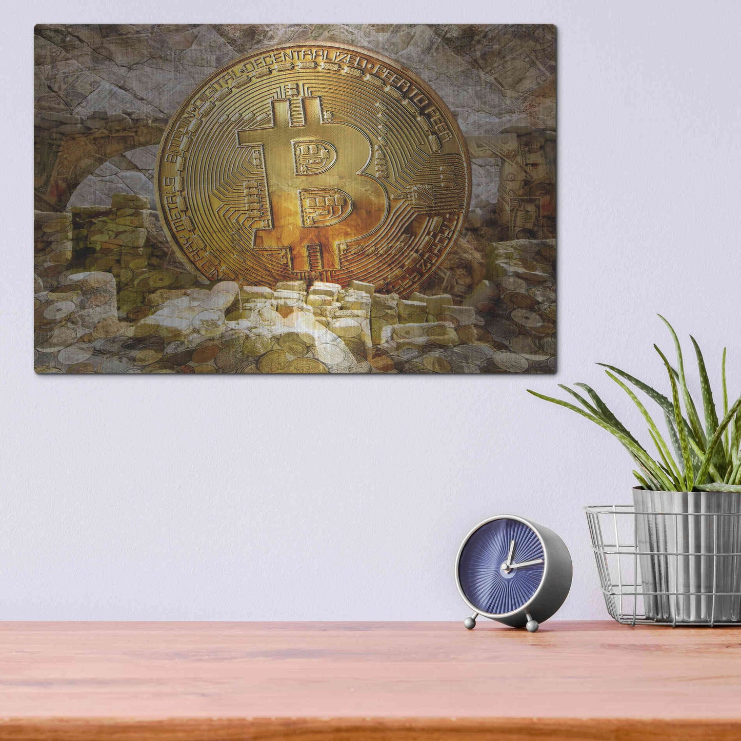 Luxe Metal Art 'Bitcoin New Age Four' by Steve Hunziker, Metal Wall Art,16x12