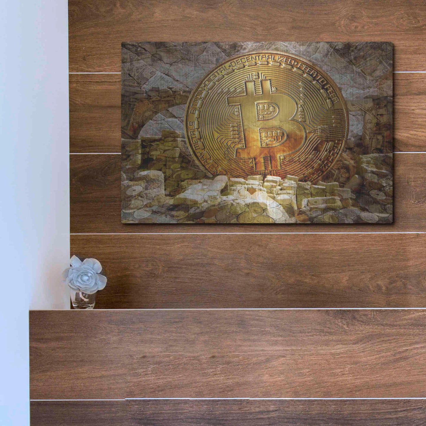 Luxe Metal Art 'Bitcoin New Age Four' by Steve Hunziker, Metal Wall Art,16x12