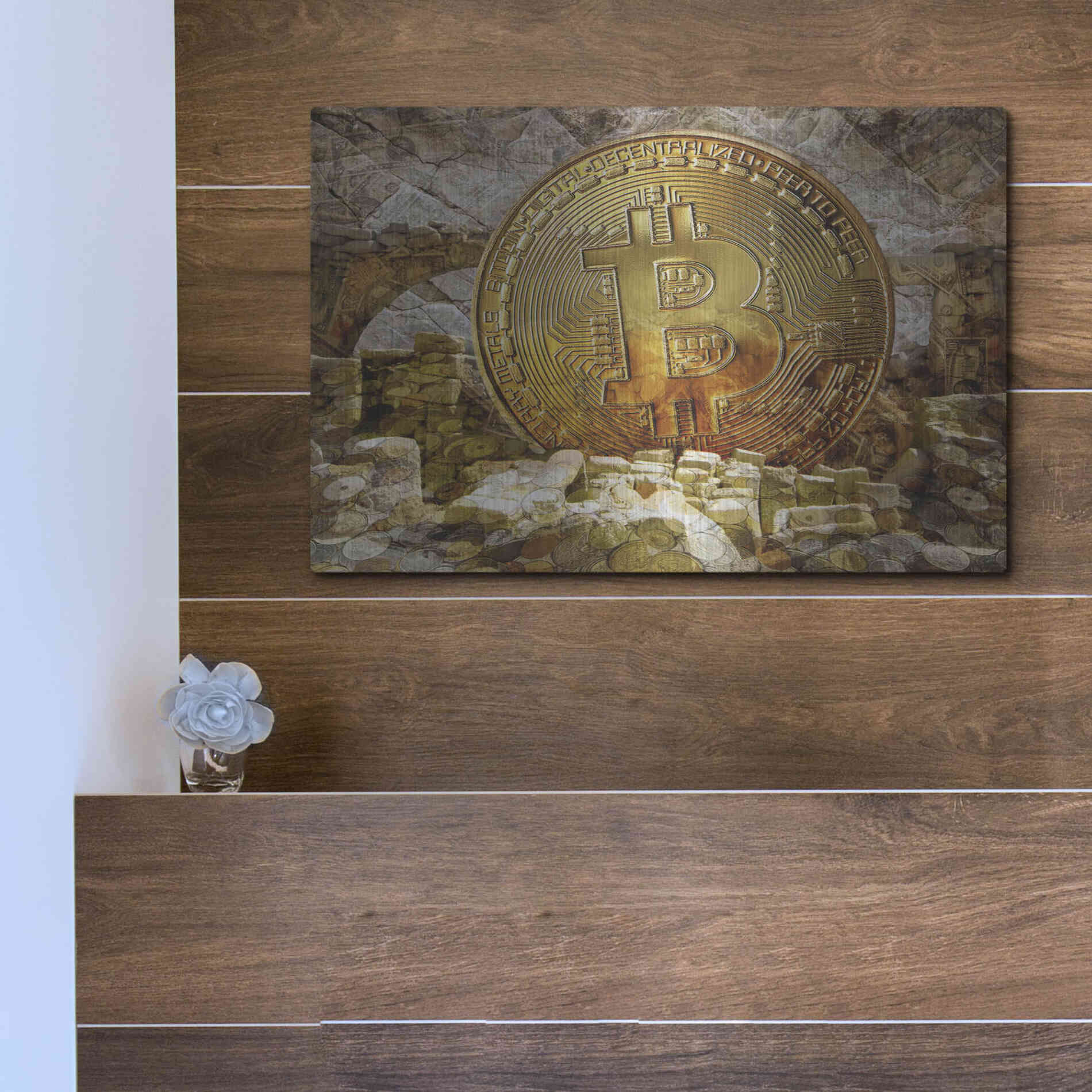 Luxe Metal Art 'Bitcoin New Age Four' by Steve Hunziker, Metal Wall Art,16x12