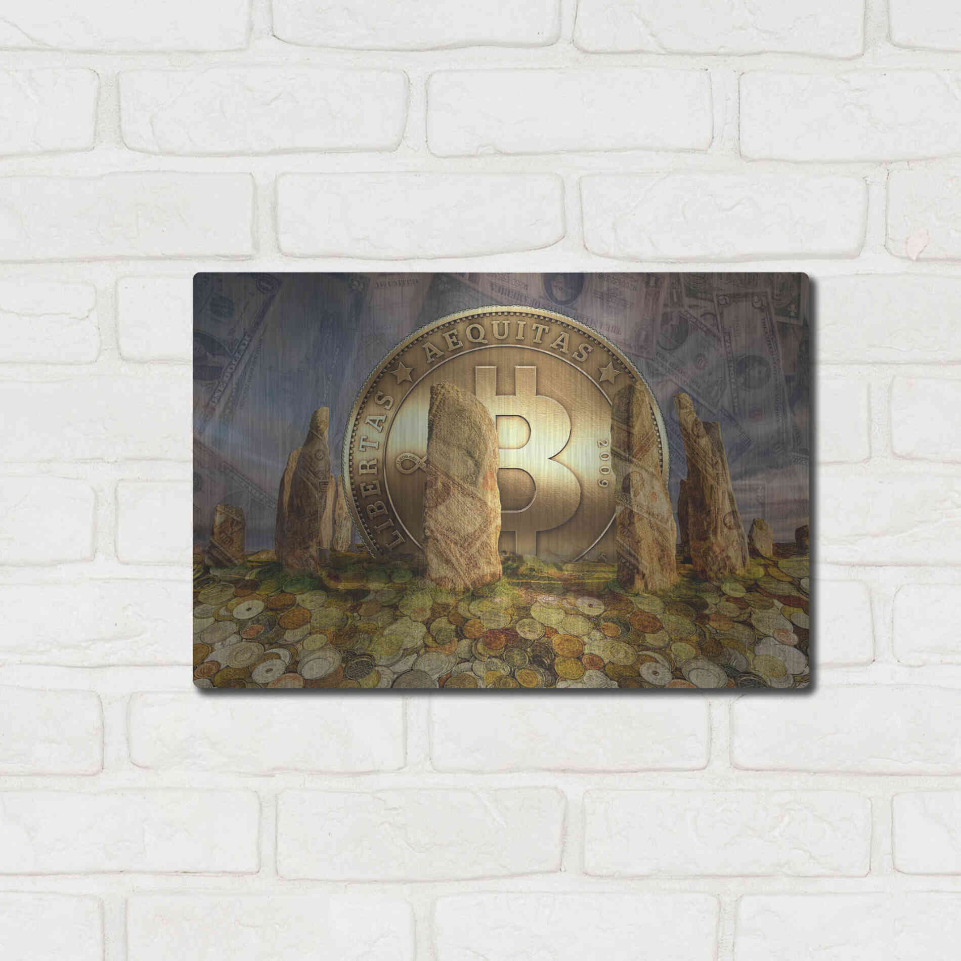 Luxe Metal Art 'Bitcoin New Age Three' by Steve Hunziker, Metal Wall Art,16x12