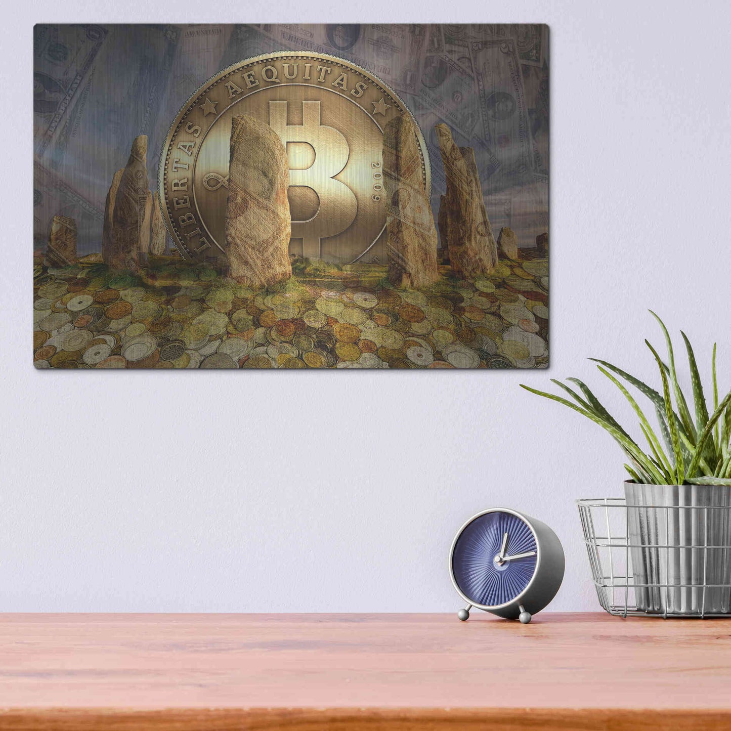 Luxe Metal Art 'Bitcoin New Age Three' by Steve Hunziker, Metal Wall Art,16x12
