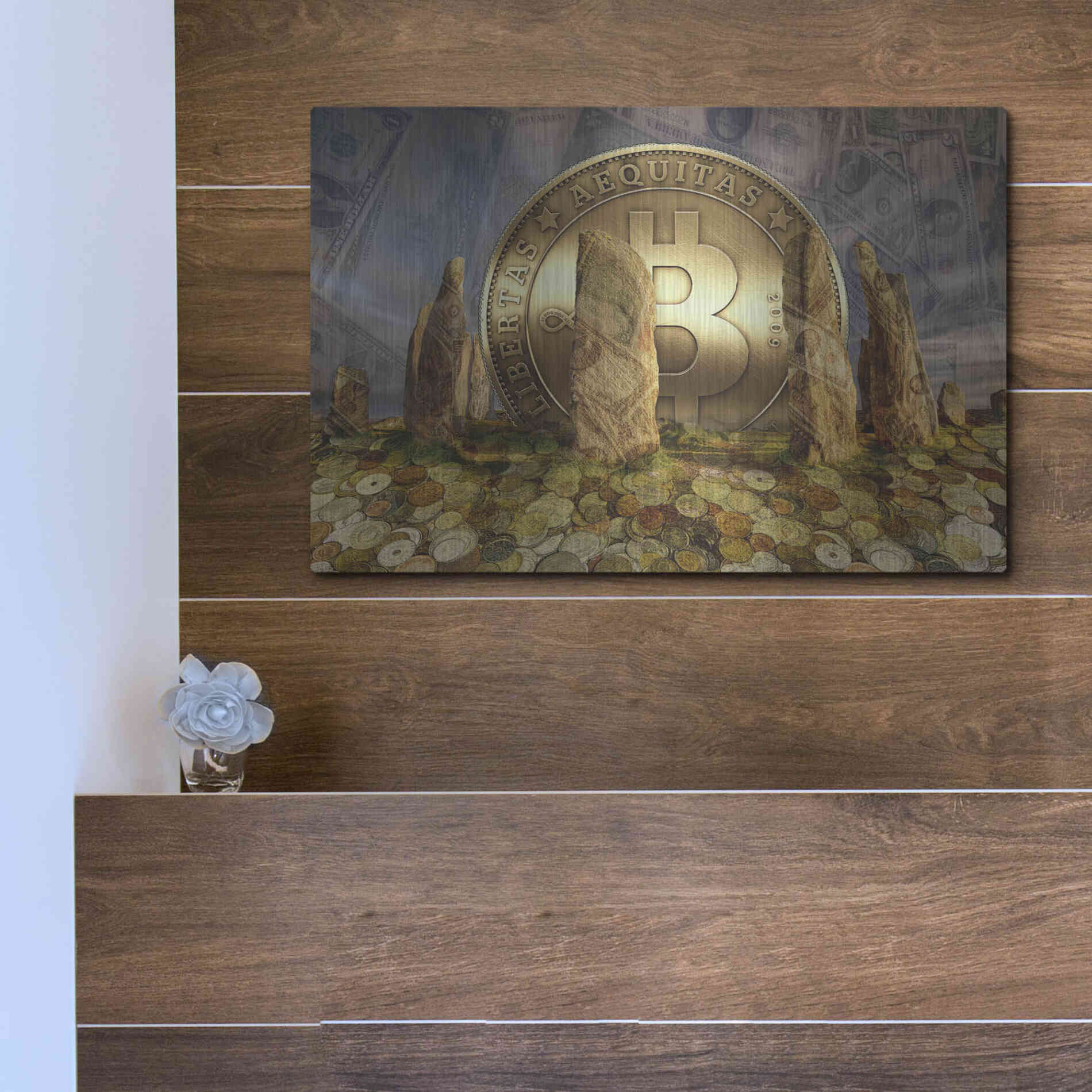 Luxe Metal Art 'Bitcoin New Age Three' by Steve Hunziker, Metal Wall Art,16x12