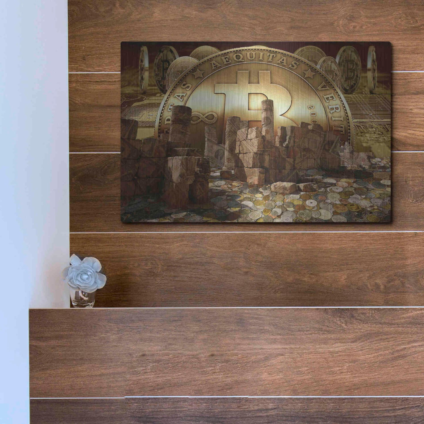 Luxe Metal Art 'Bitcoin New Age Seven' by Steve Hunziker, Metal Wall Art,16x12