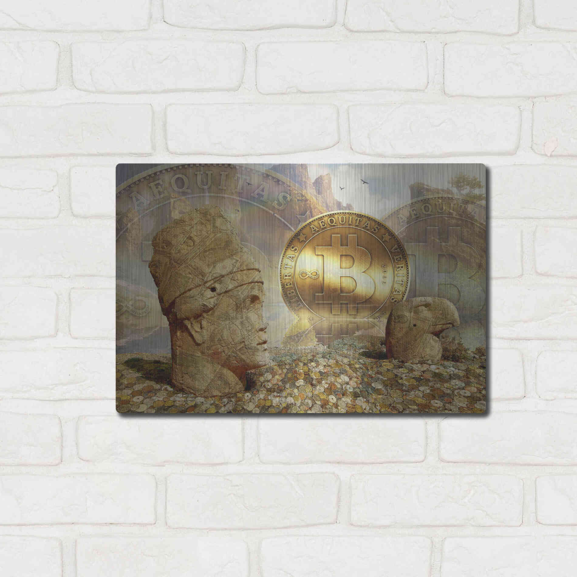 Luxe Metal Art 'Bitcoin New Age Eight' by Steve Hunziker, Metal Wall Art,16x12