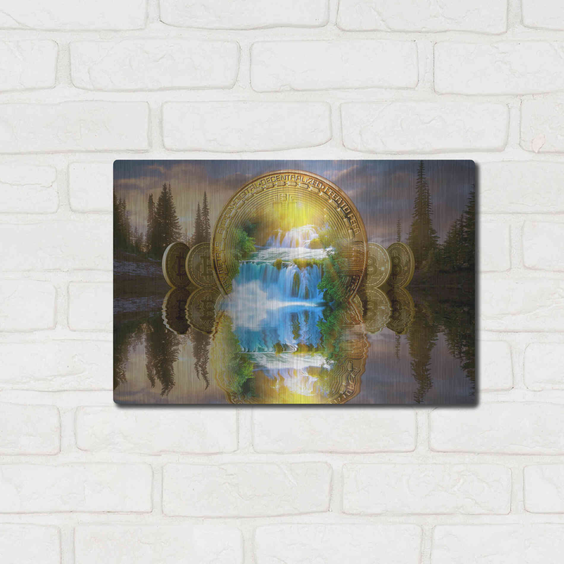 Luxe Metal Art 'Bitcoin New Age Five' by Steve Hunziker, Metal Wall Art,16x12