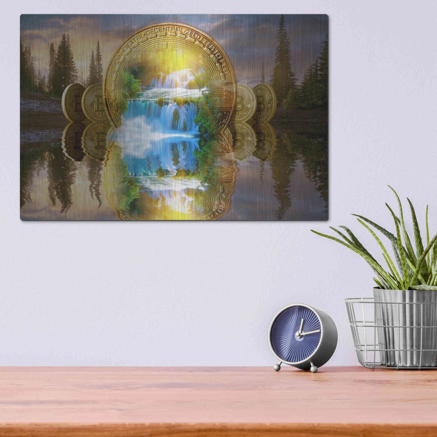 Luxe Metal Art 'Bitcoin New Age Five' by Steve Hunziker, Metal Wall Art,16x12