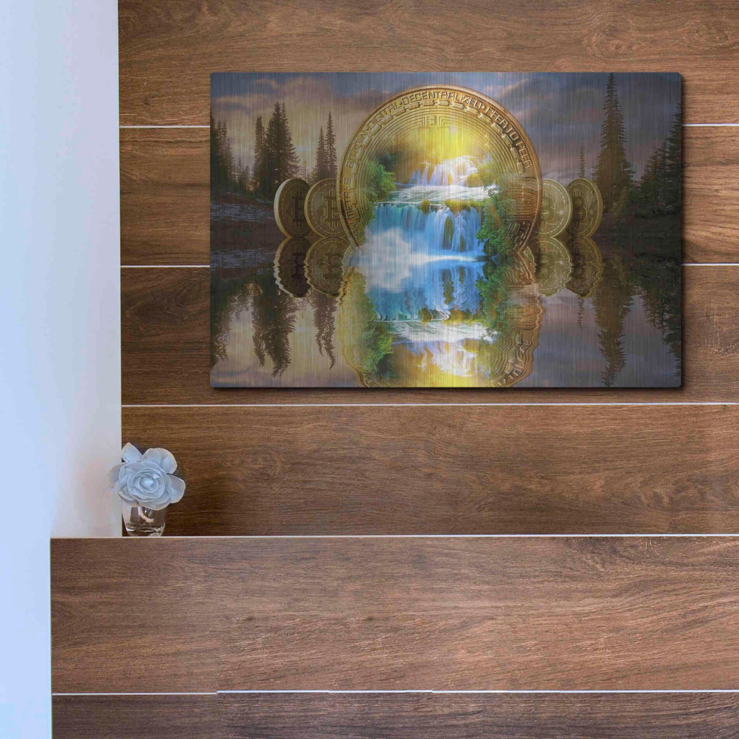 Luxe Metal Art 'Bitcoin New Age Five' by Steve Hunziker, Metal Wall Art,16x12