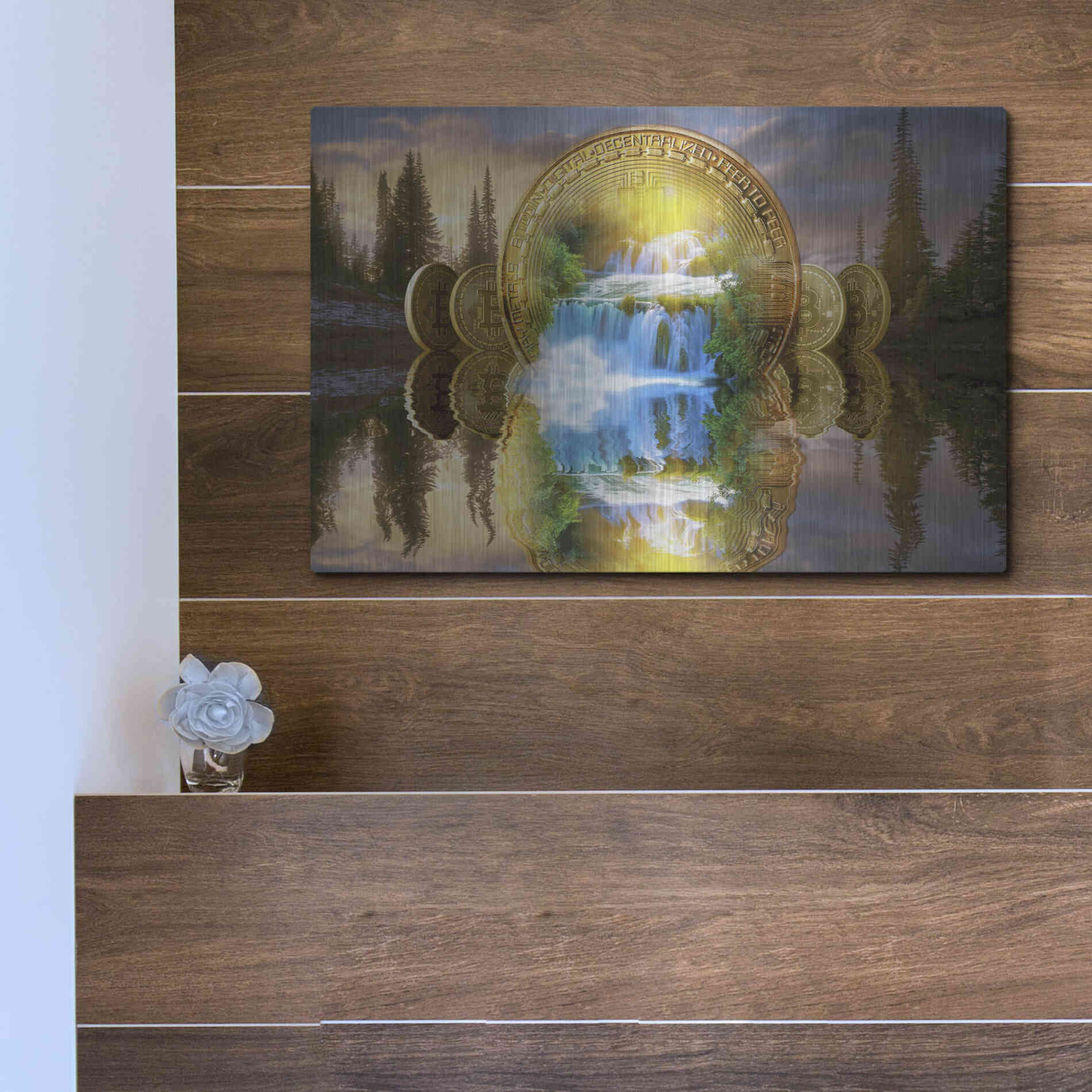 Luxe Metal Art 'Bitcoin New Age Five' by Steve Hunziker, Metal Wall Art,16x12