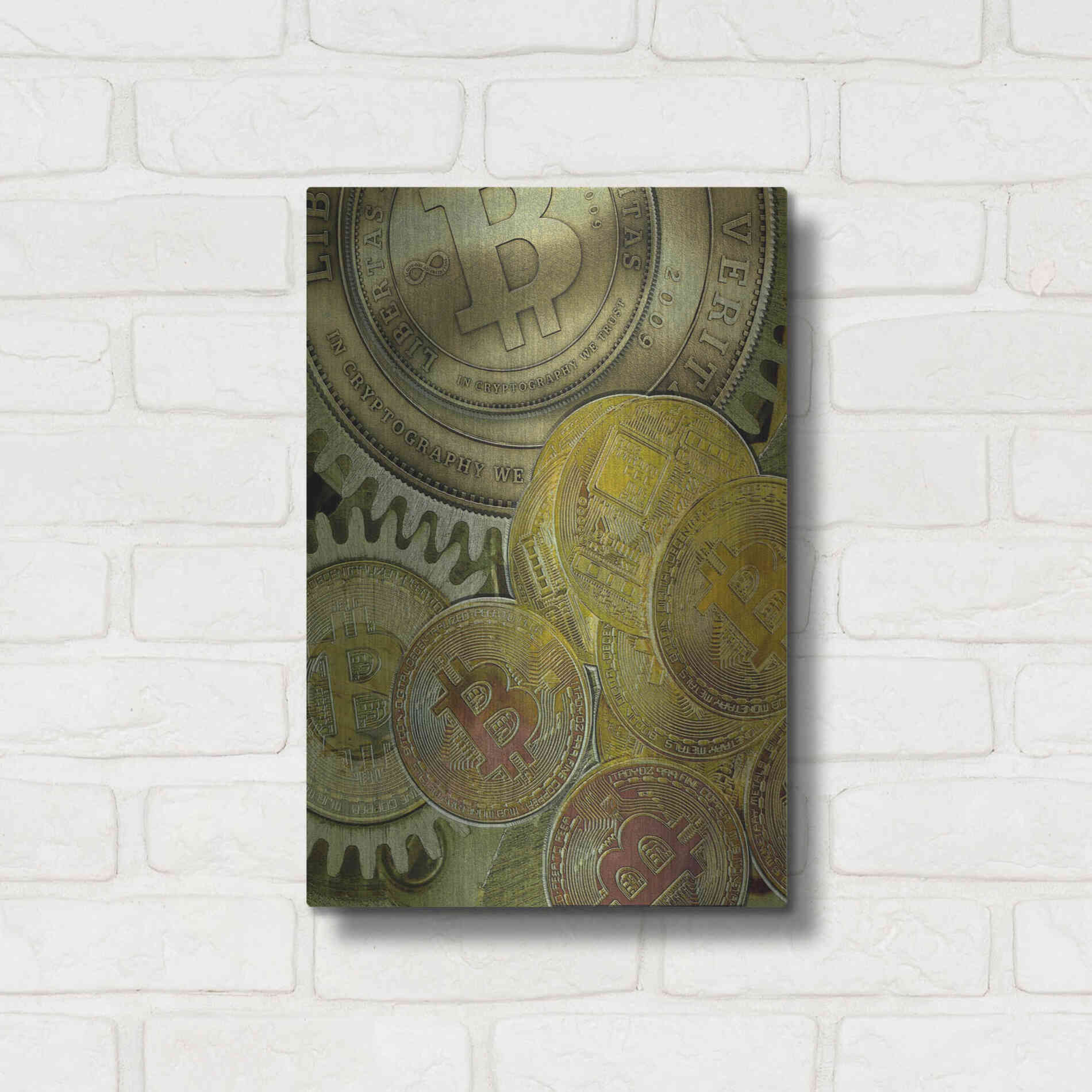 Luxe Metal Art 'Grunge Bitcoin Three' by Steve Hunziker, Metal Wall Art,12x16