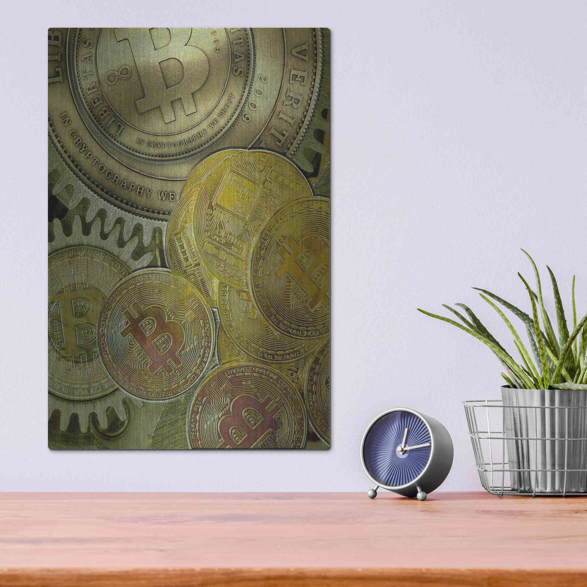 Luxe Metal Art 'Grunge Bitcoin Three' by Steve Hunziker, Metal Wall Art,12x16