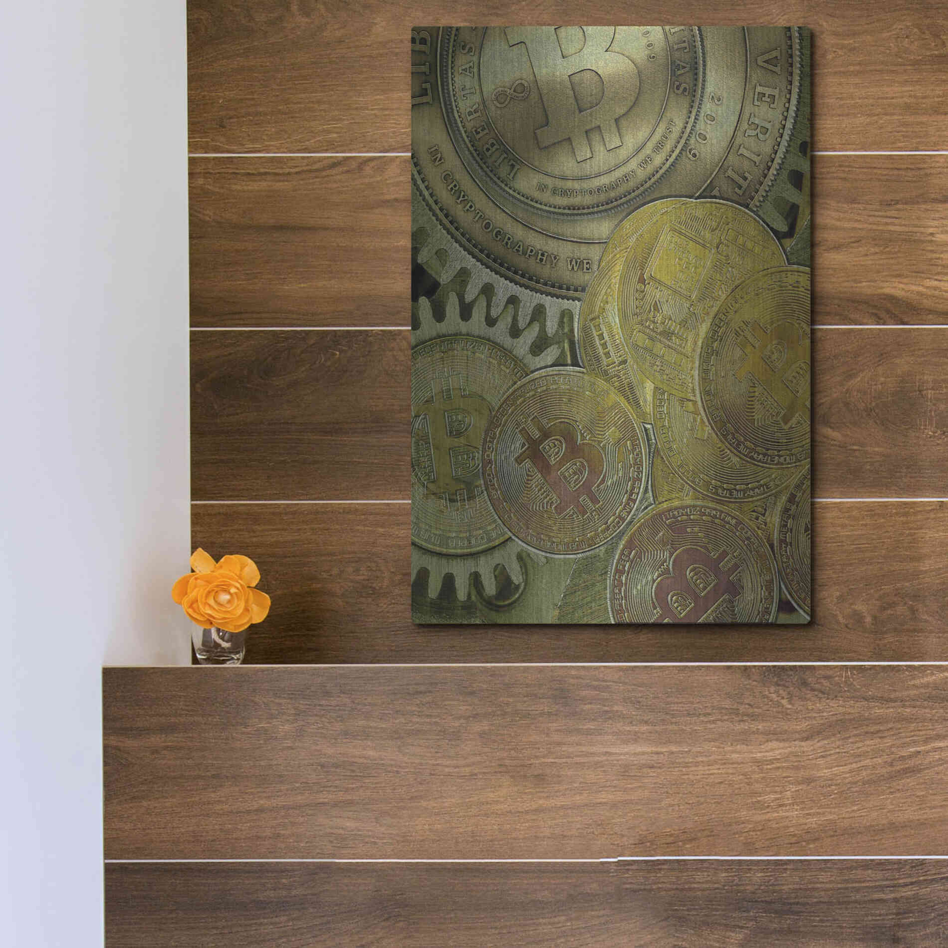 Luxe Metal Art 'Grunge Bitcoin Three' by Steve Hunziker, Metal Wall Art,12x16