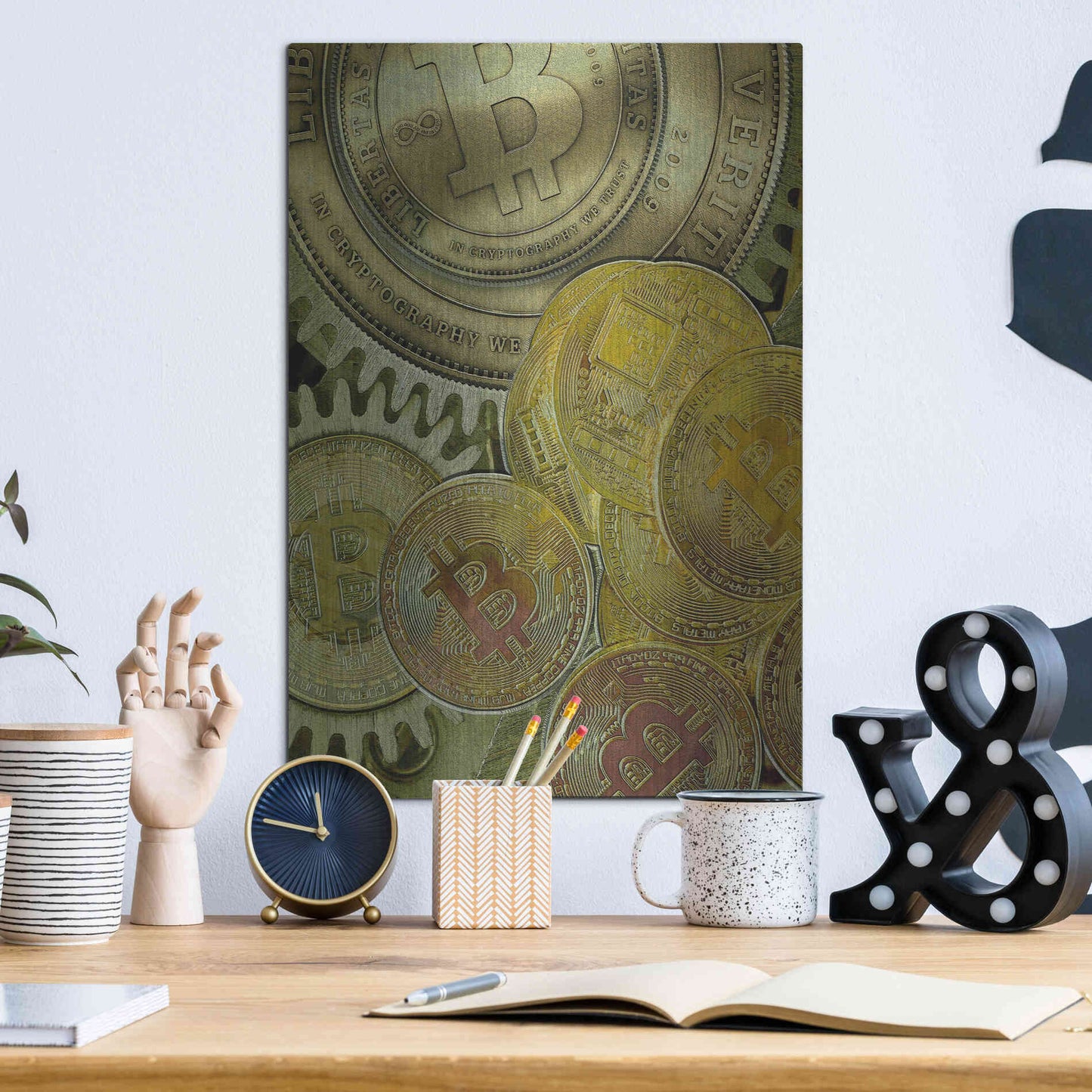 Luxe Metal Art 'Grunge Bitcoin Three' by Steve Hunziker, Metal Wall Art,12x16