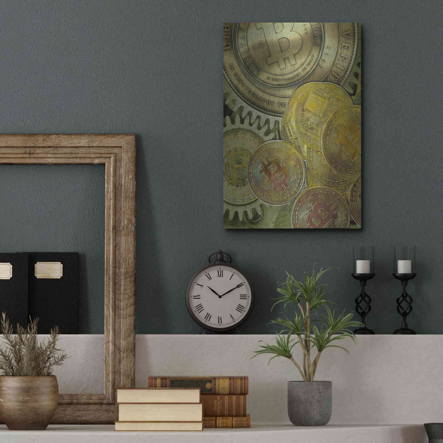 Luxe Metal Art 'Grunge Bitcoin Three' by Steve Hunziker, Metal Wall Art,12x16