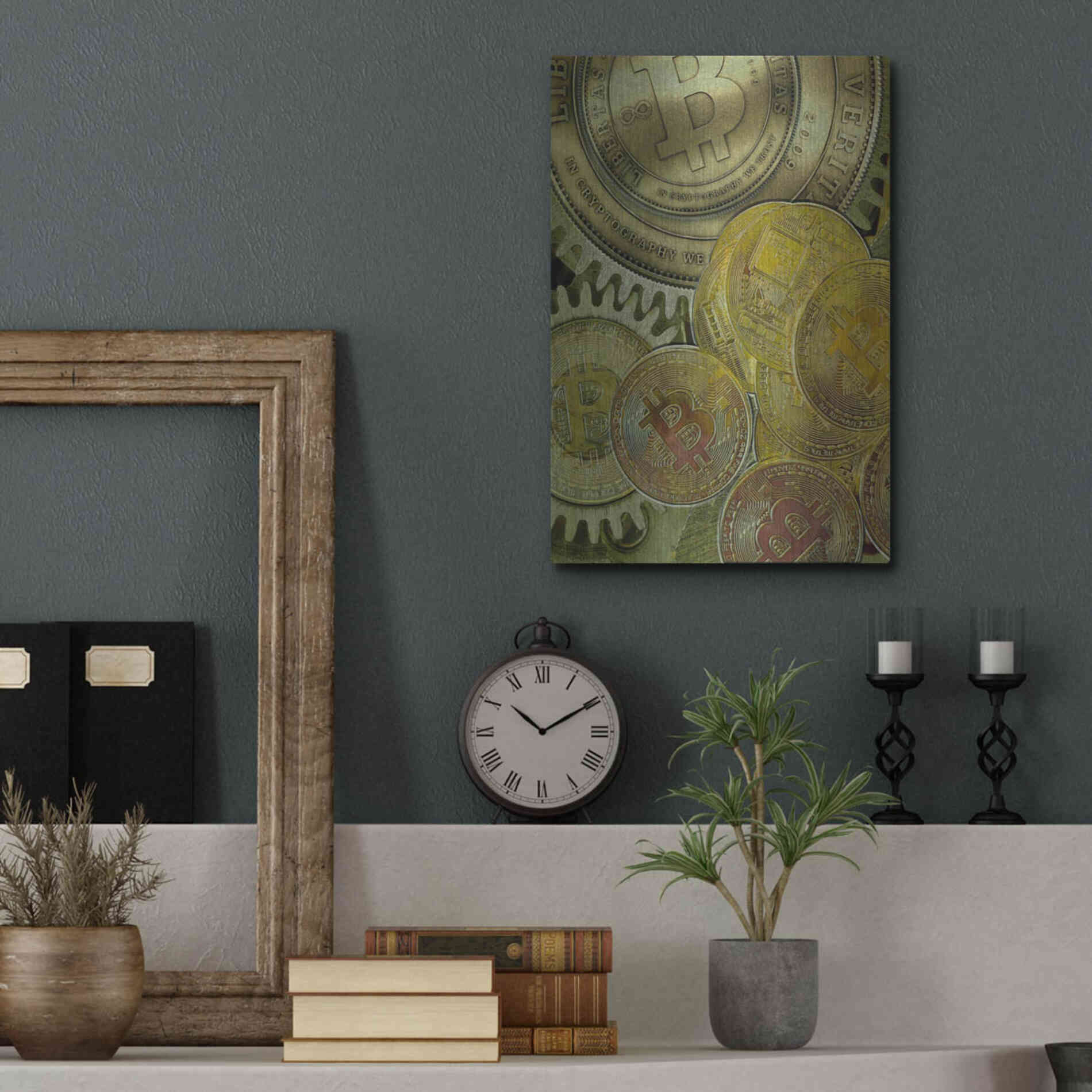 Luxe Metal Art 'Grunge Bitcoin Three' by Steve Hunziker, Metal Wall Art,12x16