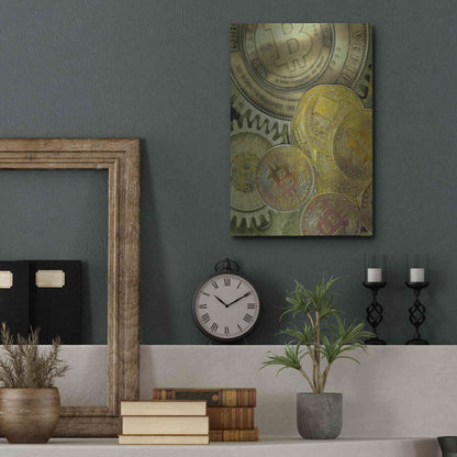 Luxe Metal Art 'Grunge Bitcoin Three' by Steve Hunziker, Metal Wall Art,12x16