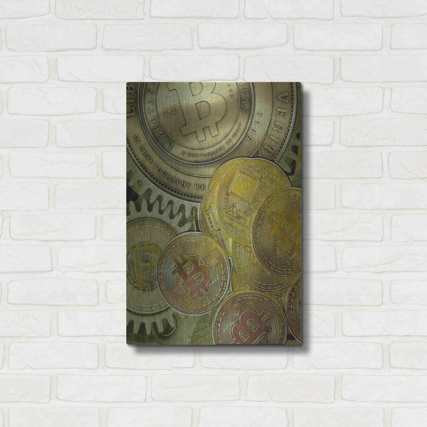 Luxe Metal Art 'Grunge Bitcoin Three' by Steve Hunziker, Metal Wall Art,16x24