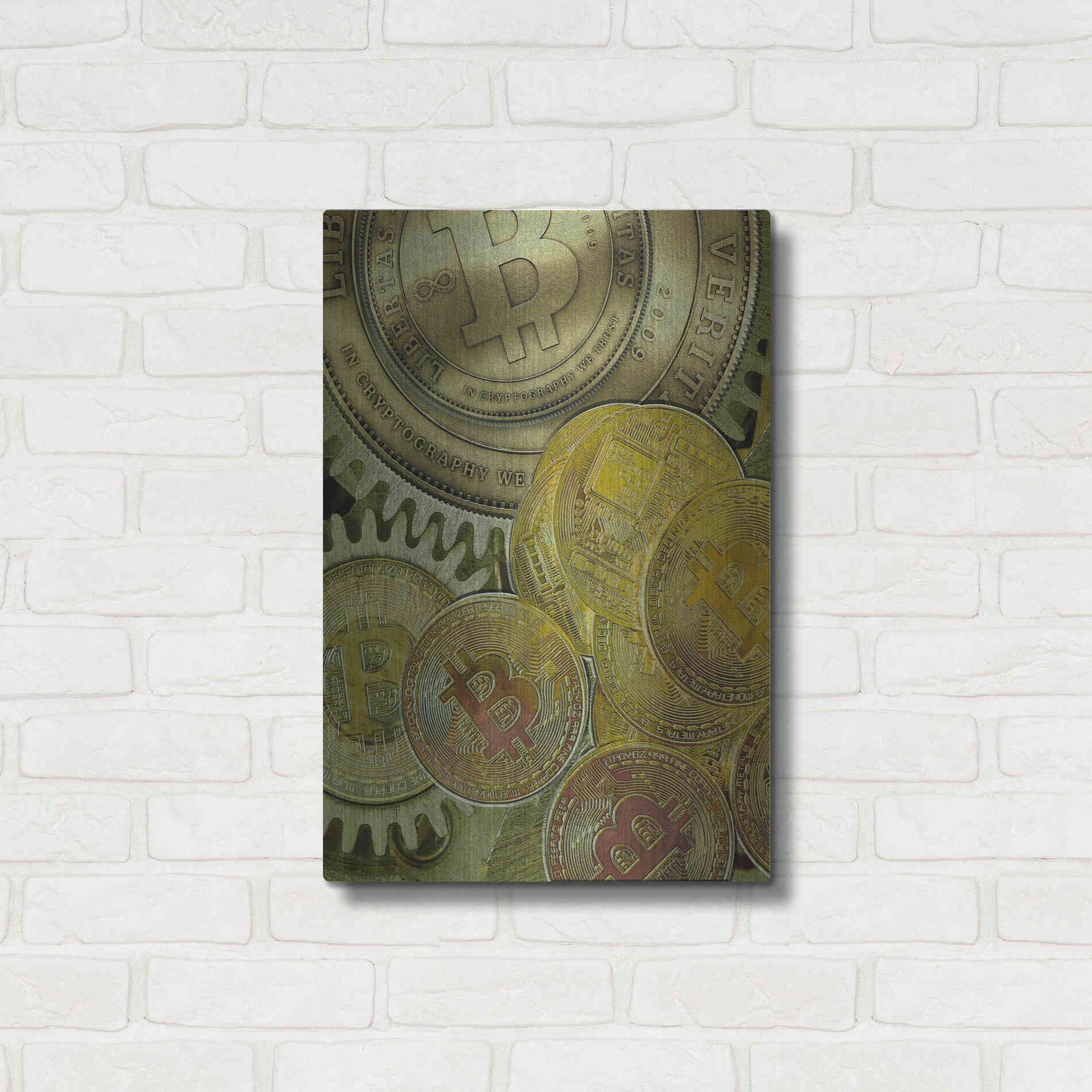 Luxe Metal Art 'Grunge Bitcoin Three' by Steve Hunziker, Metal Wall Art,16x24