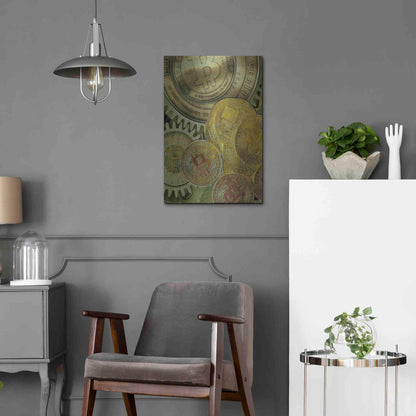 Luxe Metal Art 'Grunge Bitcoin Three' by Steve Hunziker, Metal Wall Art,16x24