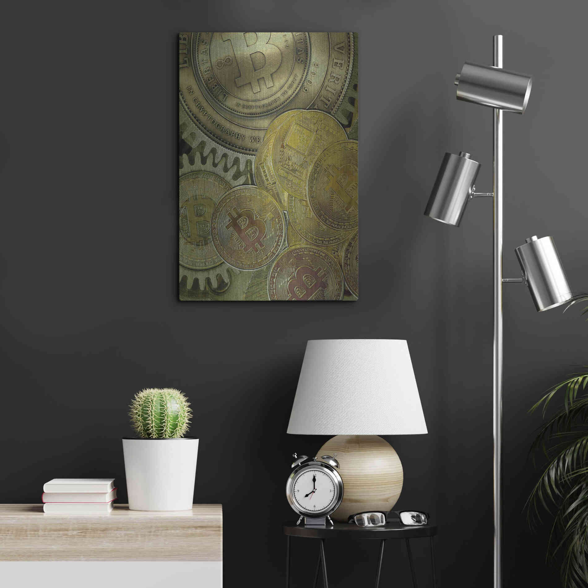 Luxe Metal Art 'Grunge Bitcoin Three' by Steve Hunziker, Metal Wall Art,16x24