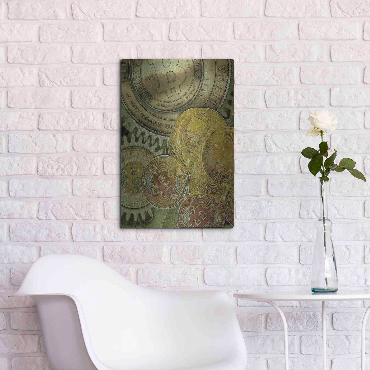 Luxe Metal Art 'Grunge Bitcoin Three' by Steve Hunziker, Metal Wall Art,16x24