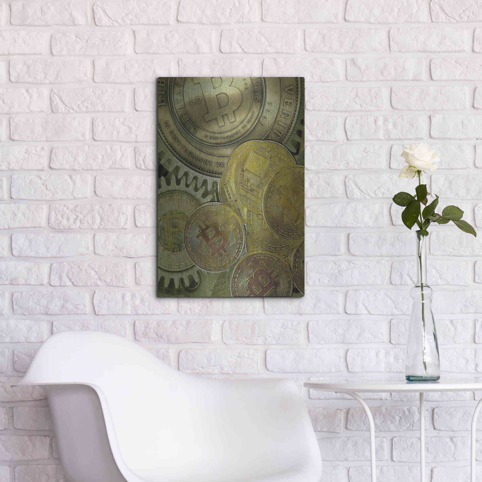 Luxe Metal Art 'Grunge Bitcoin Three' by Steve Hunziker, Metal Wall Art,16x24