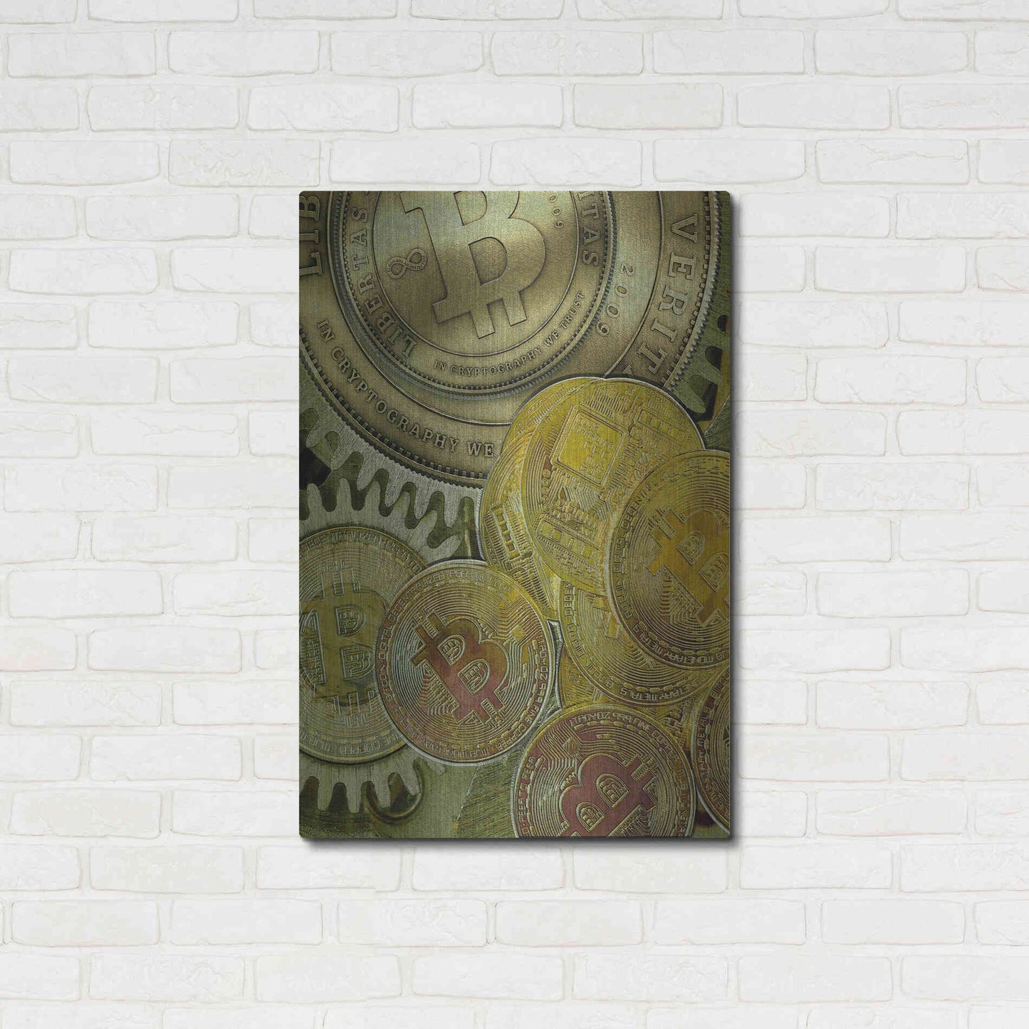 Luxe Metal Art 'Grunge Bitcoin Three' by Steve Hunziker, Metal Wall Art,24x36