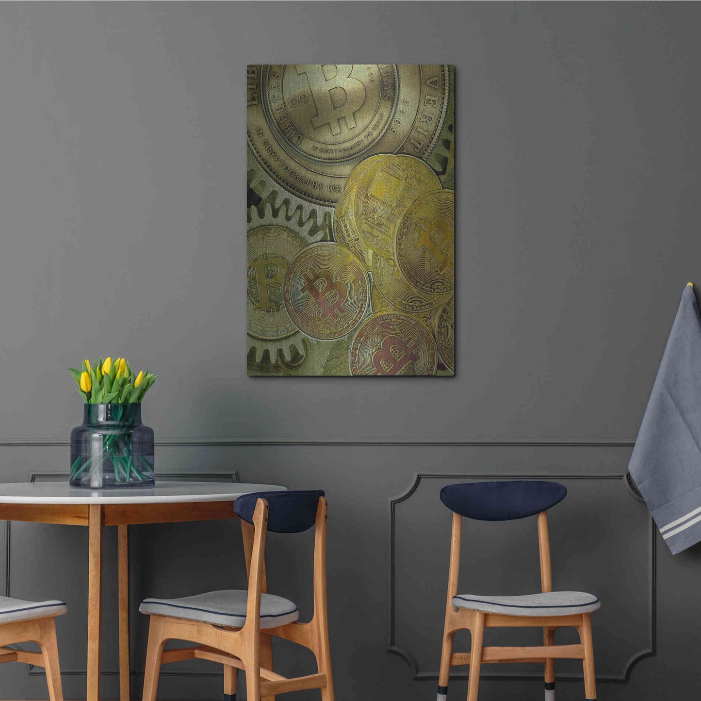 Luxe Metal Art 'Grunge Bitcoin Three' by Steve Hunziker, Metal Wall Art,24x36