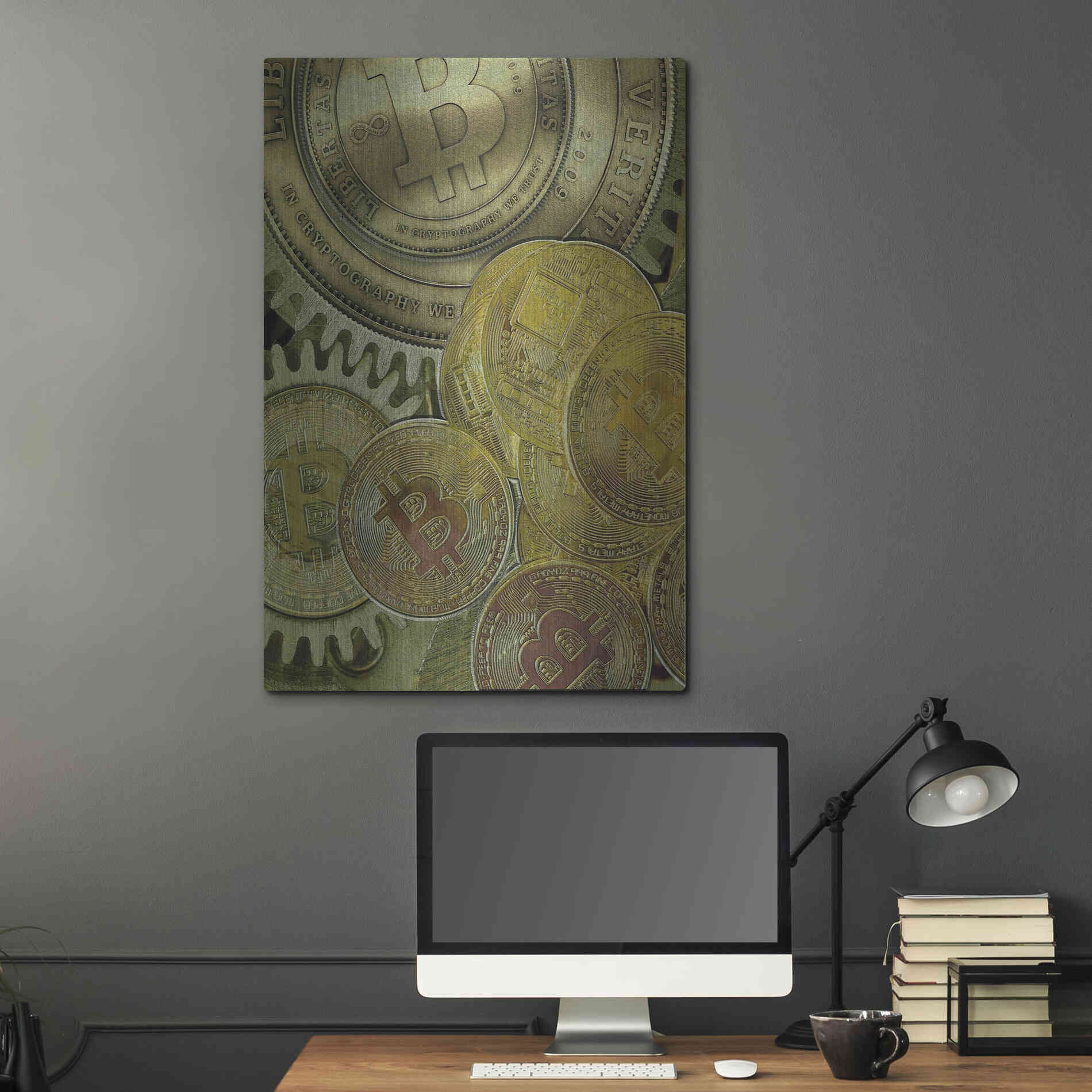 Luxe Metal Art 'Grunge Bitcoin Three' by Steve Hunziker, Metal Wall Art,24x36