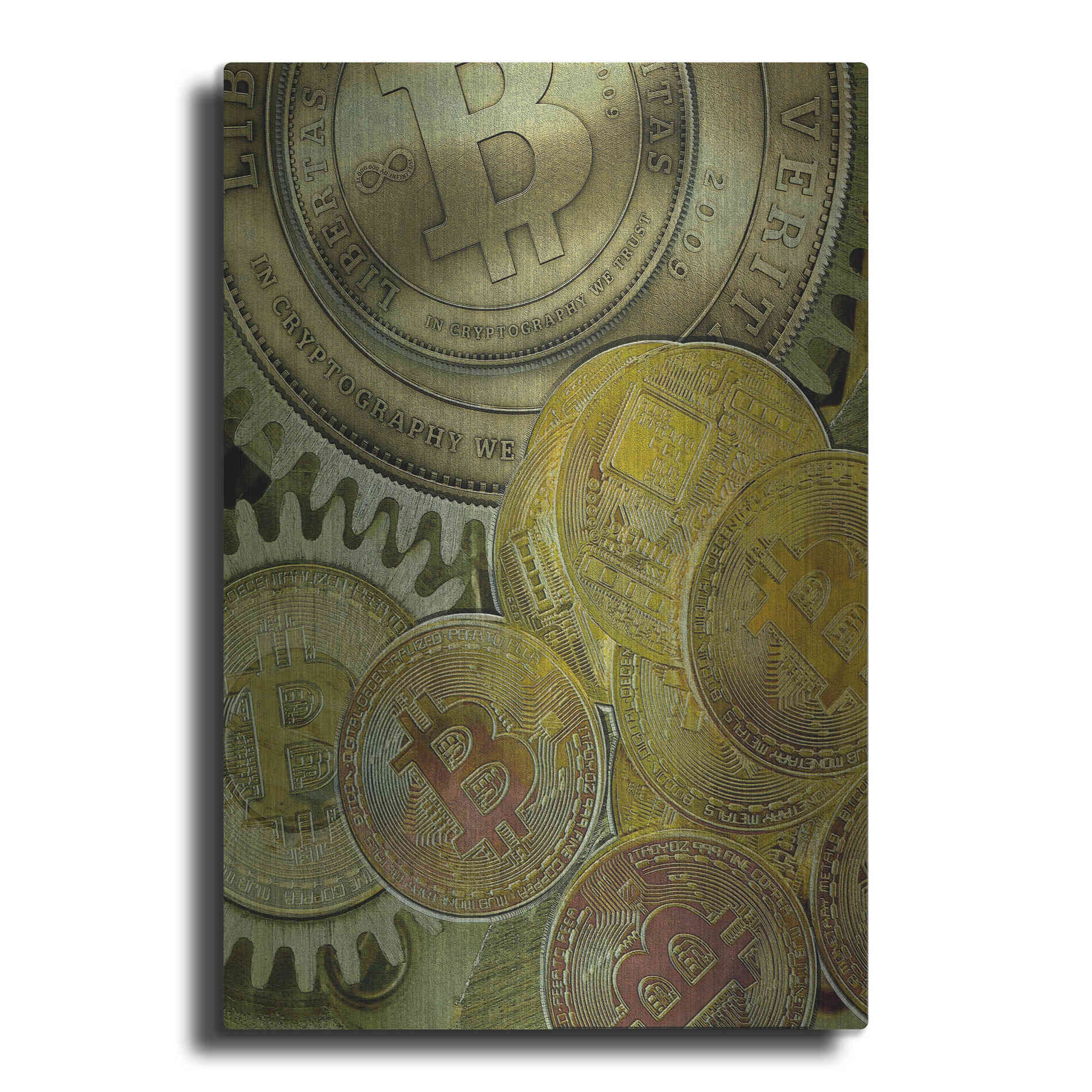 Luxe Metal Art 'Grunge Bitcoin Three' by Steve Hunziker, Metal Wall Art