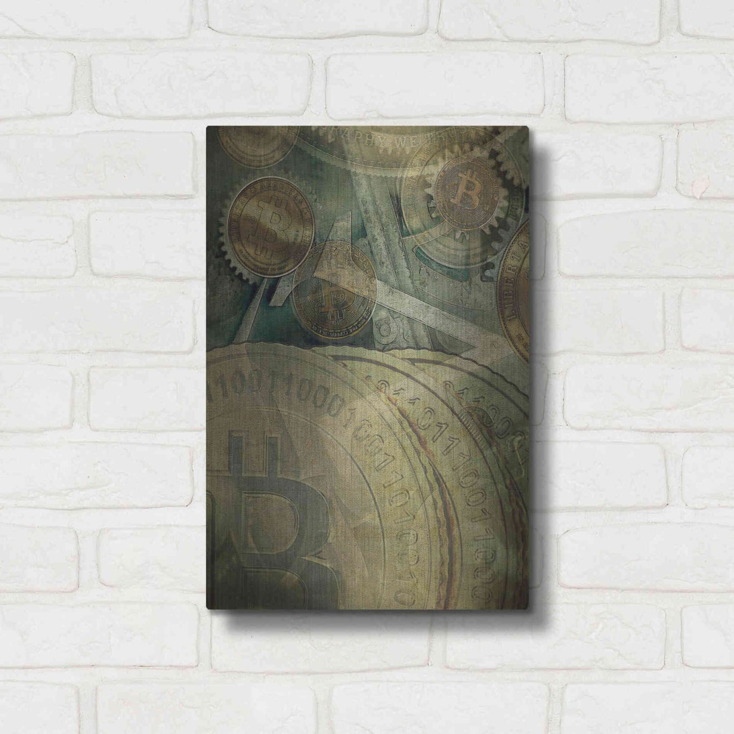 Luxe Metal Art 'Grunge Bitcoin Four' by Steve Hunziker, Metal Wall Art,12x16