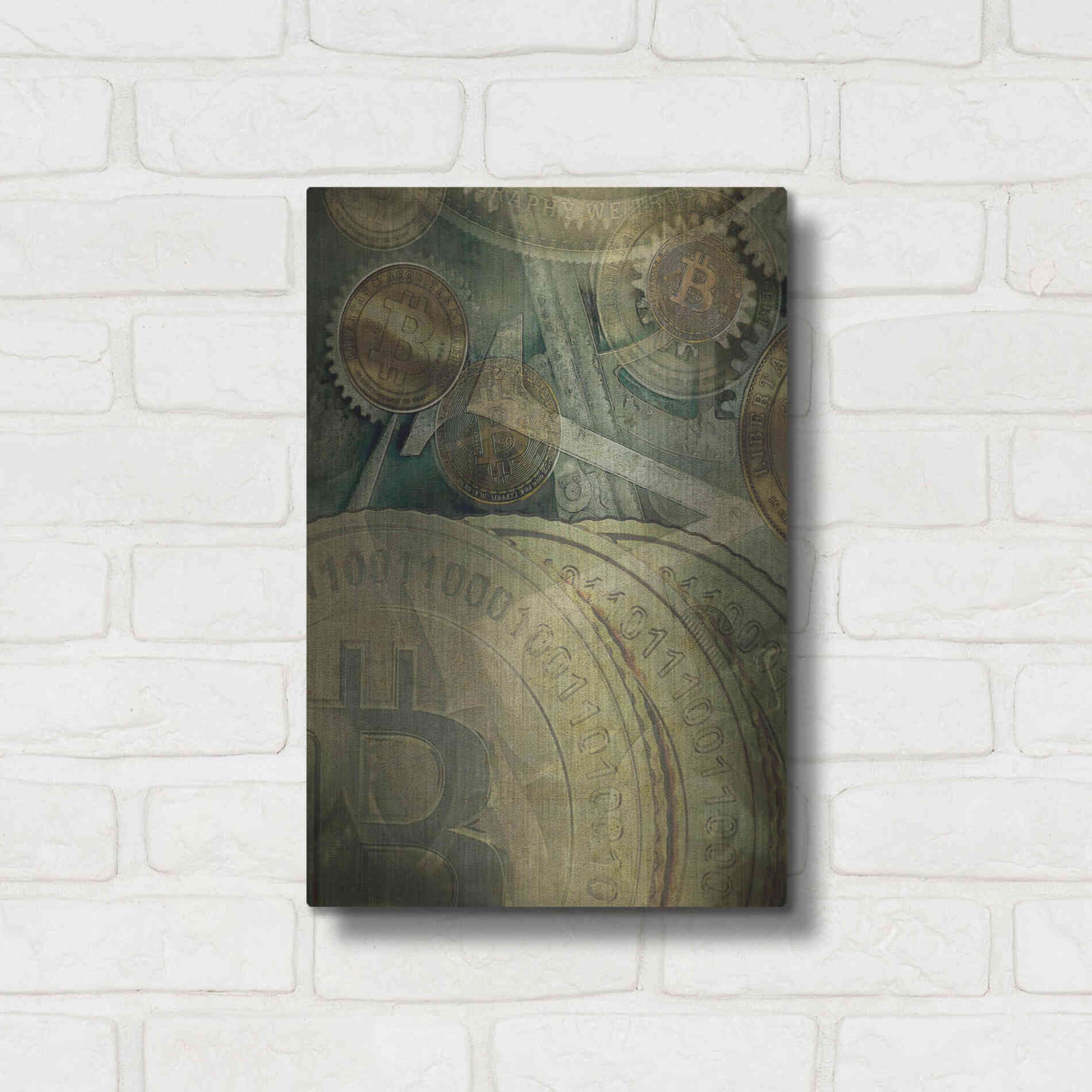 Luxe Metal Art 'Grunge Bitcoin Four' by Steve Hunziker, Metal Wall Art,12x16